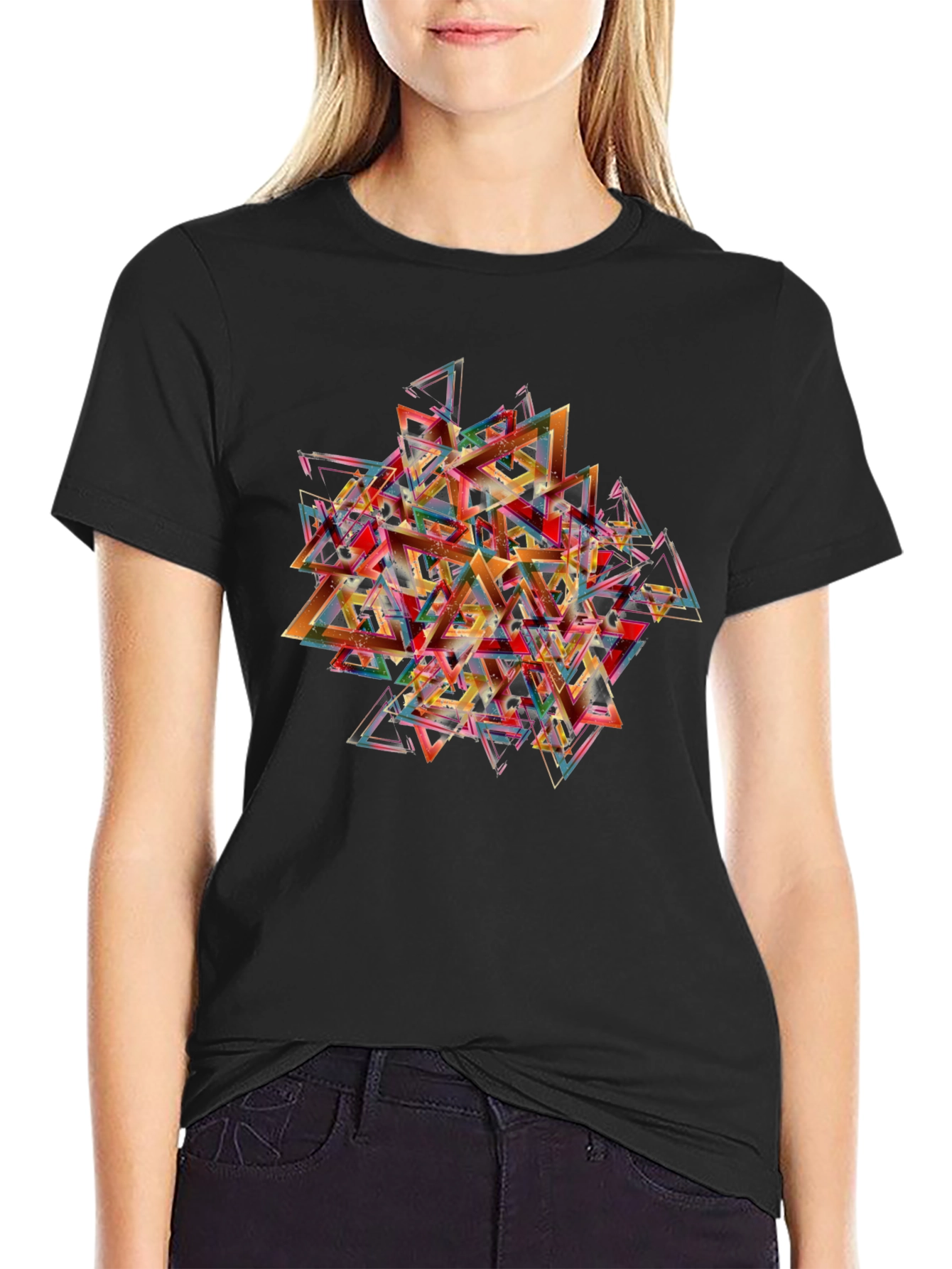 Abstract Triangle Graphic Print Black T-Shirt