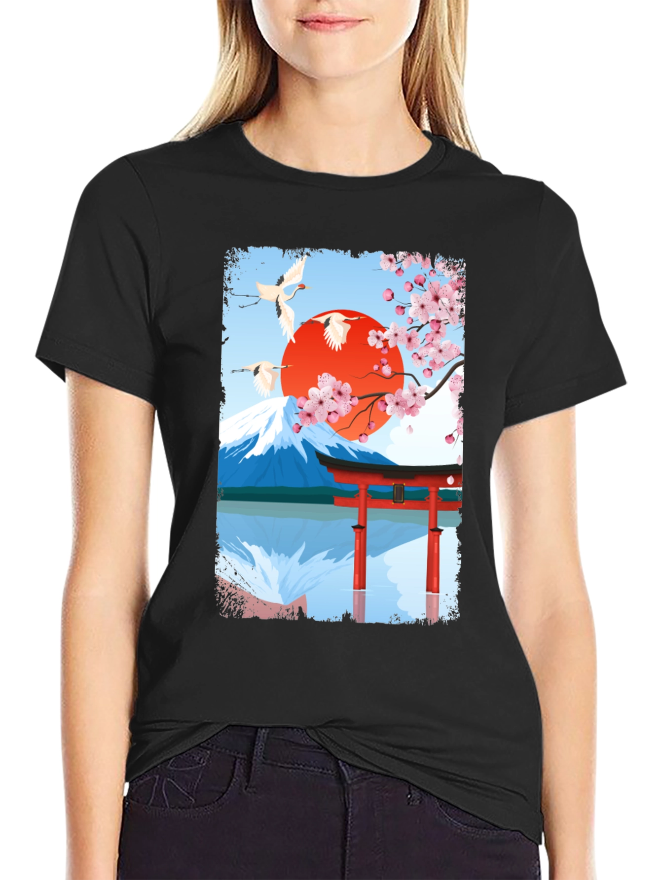 Japanese Art T-Shirt - Cranes Mountain & Sakura