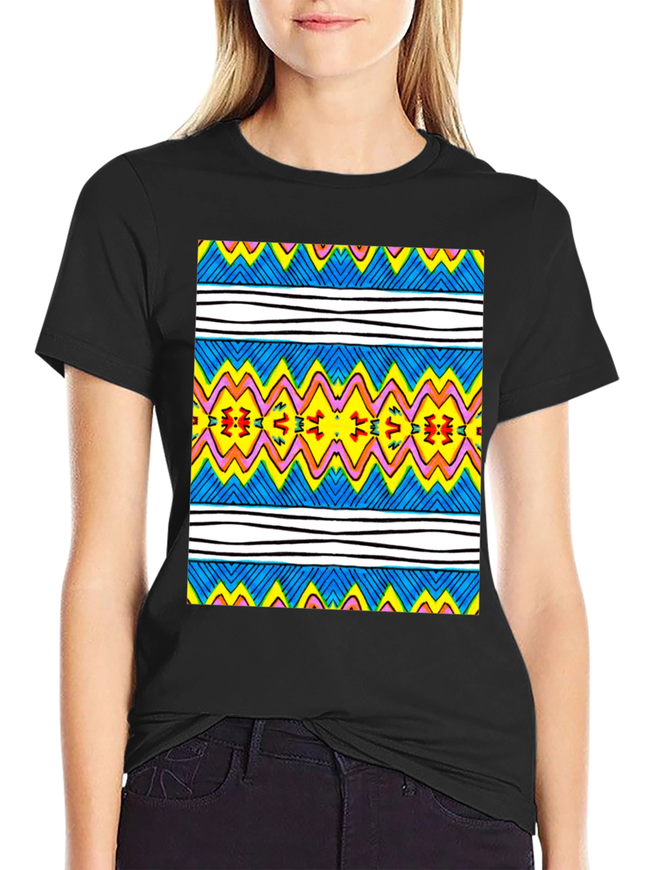 Vibrant Geometric Print Tee - Black Casual T-Shirt