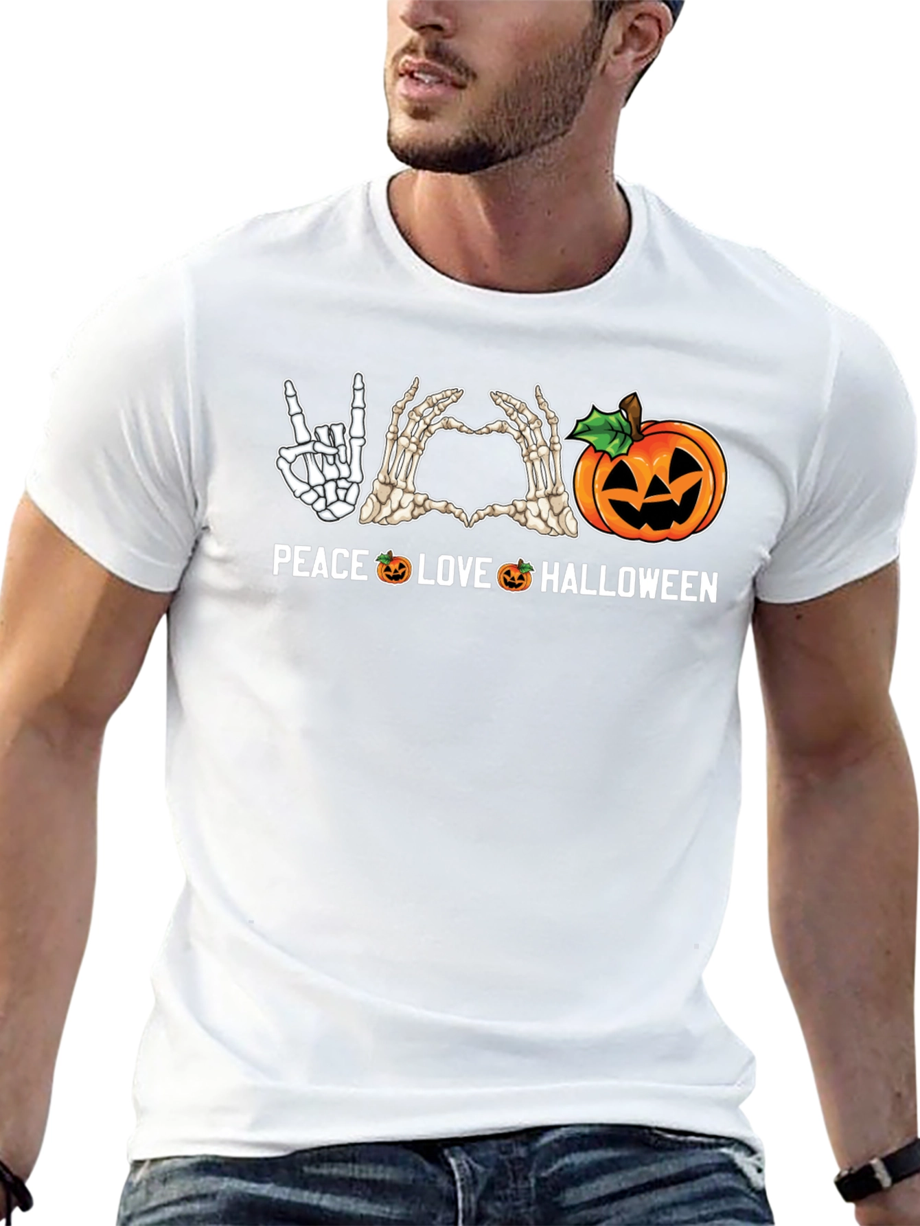 Peace Love Halloween Skeleton Hand Graphic Tee