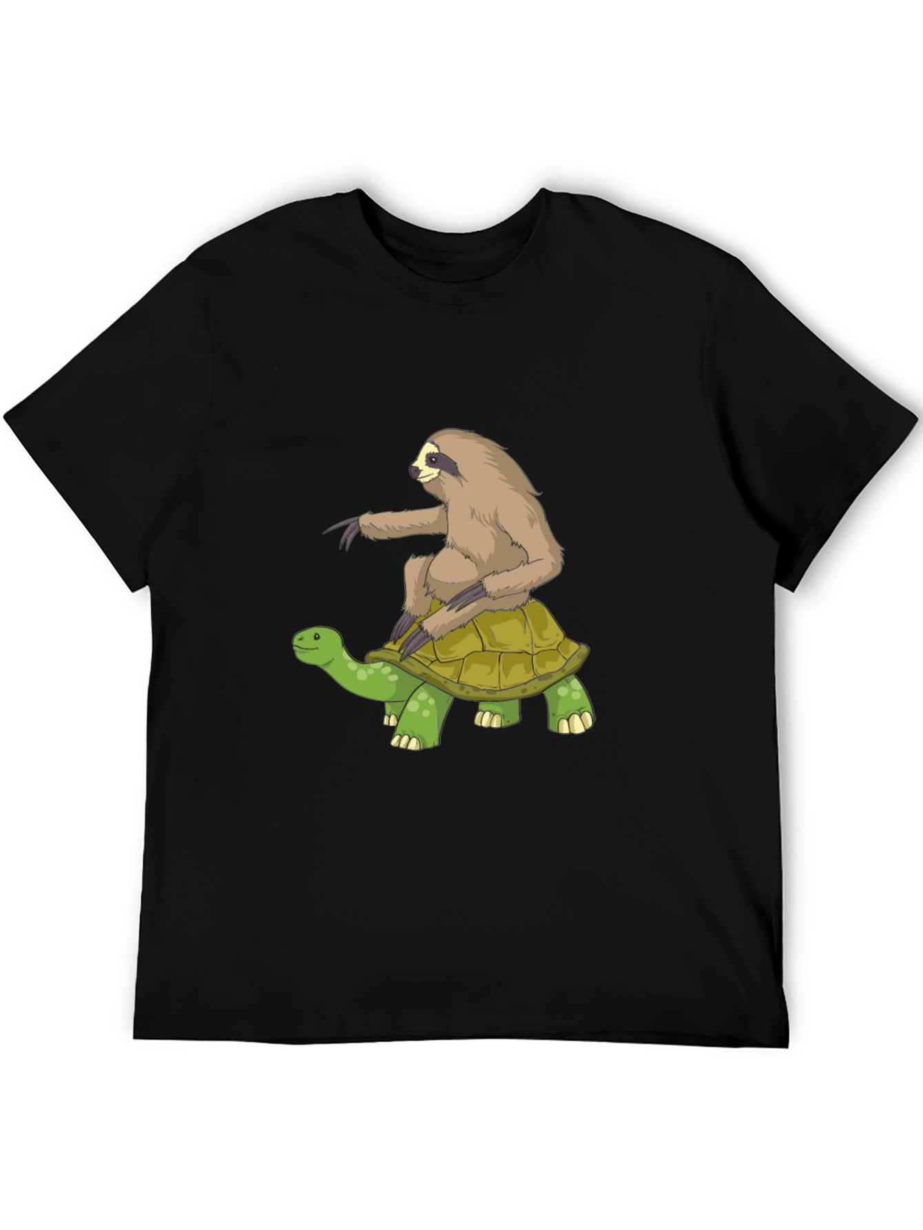 Sloth Riding Turtle Graphic Tee - Black Cotton T-Shirt