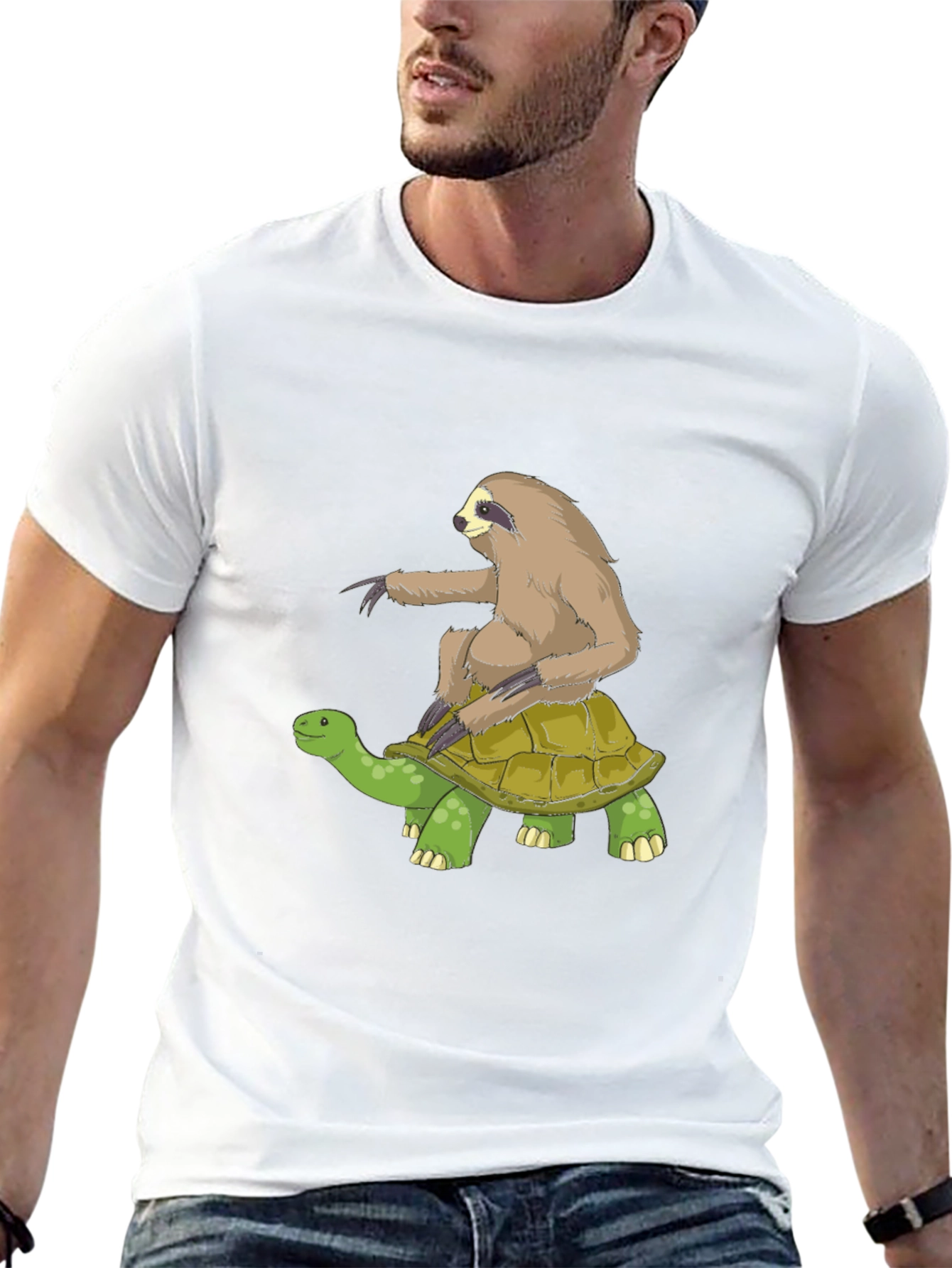 Sloth Riding Turtle Graphic Tee - Black Cotton T-Shirt