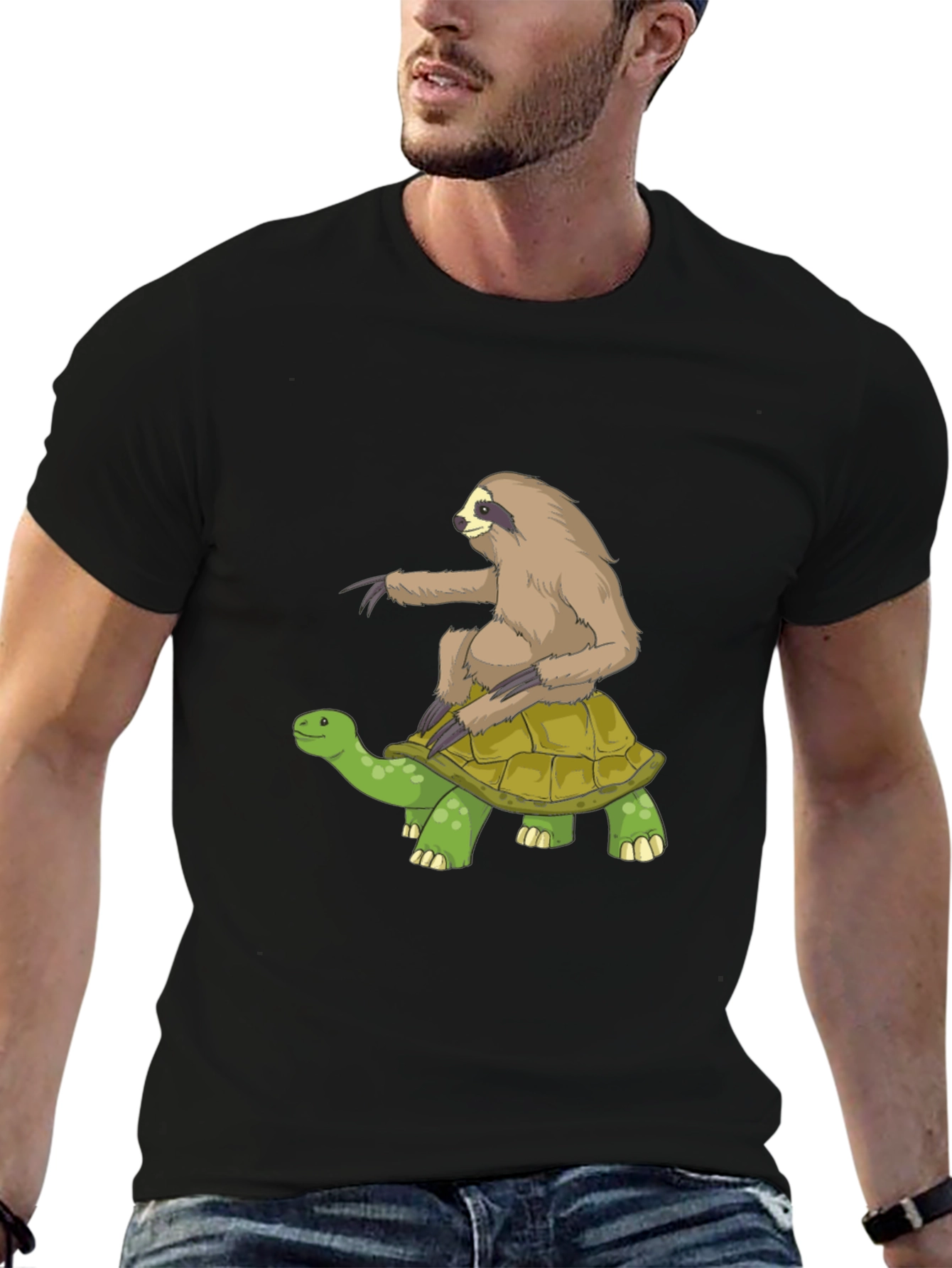 Sloth Riding Turtle Graphic Tee - Black Cotton T-Shirt