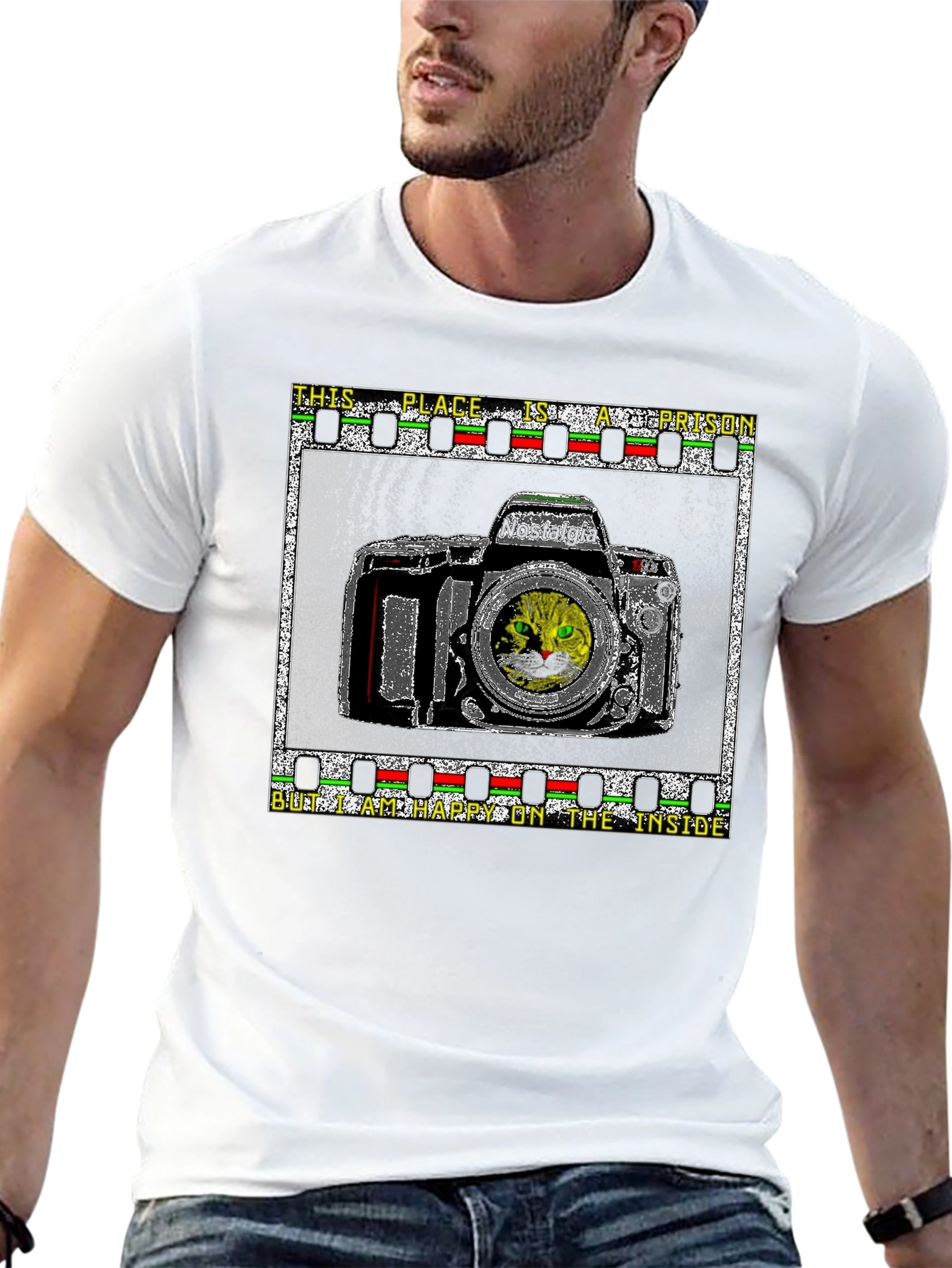 Nostalgia Cat Camera Graphic T-Shirt