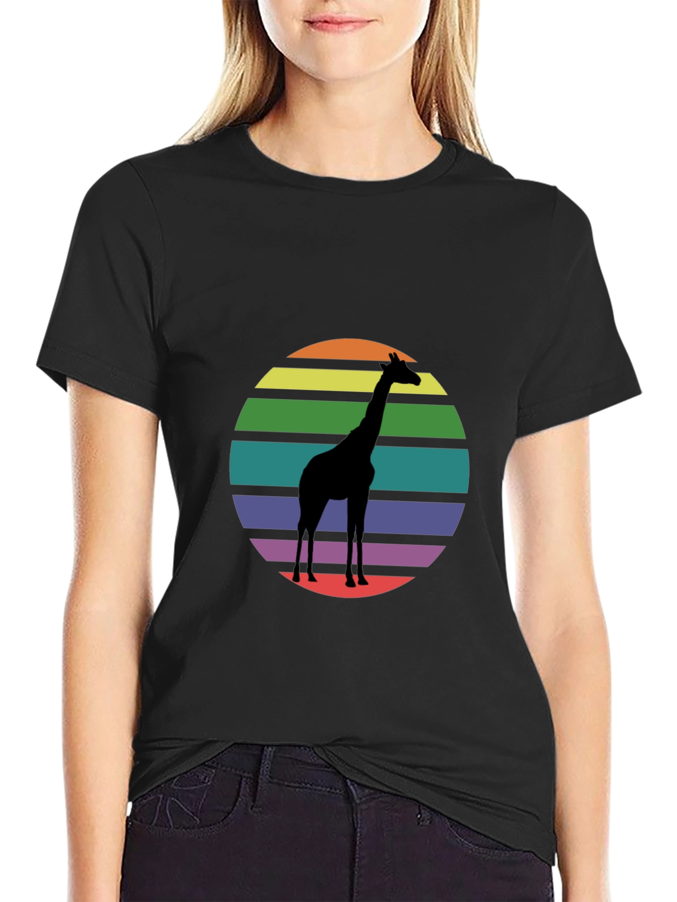 Giraffe Sunset Graphic Tee - Black Cotton Blend