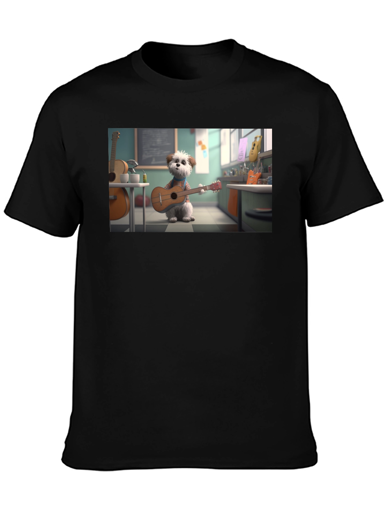 Dog Playing Guitar Graphic Tee - Black Cotton Blend