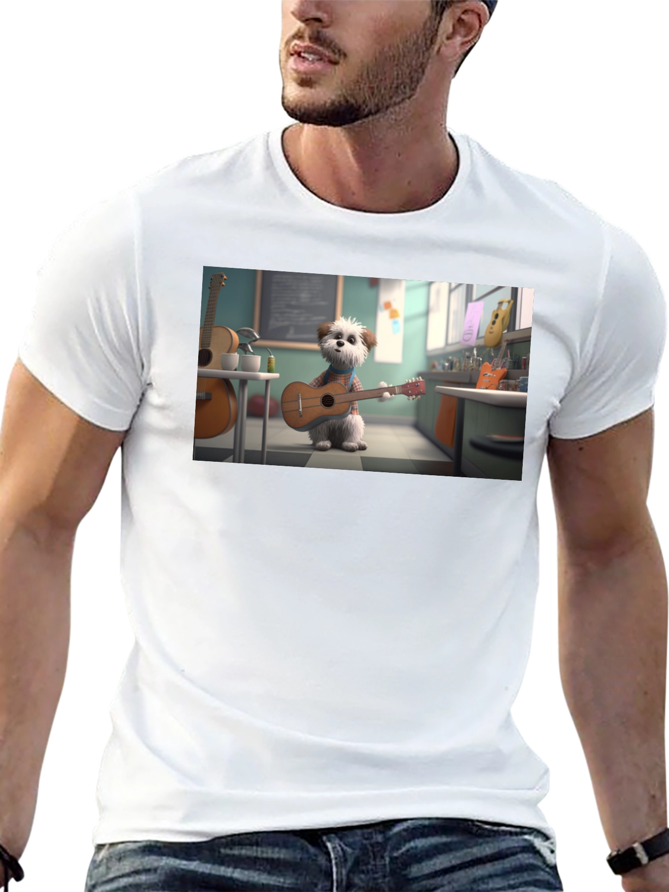 Dog Playing Guitar Graphic Tee - Black Cotton Blend