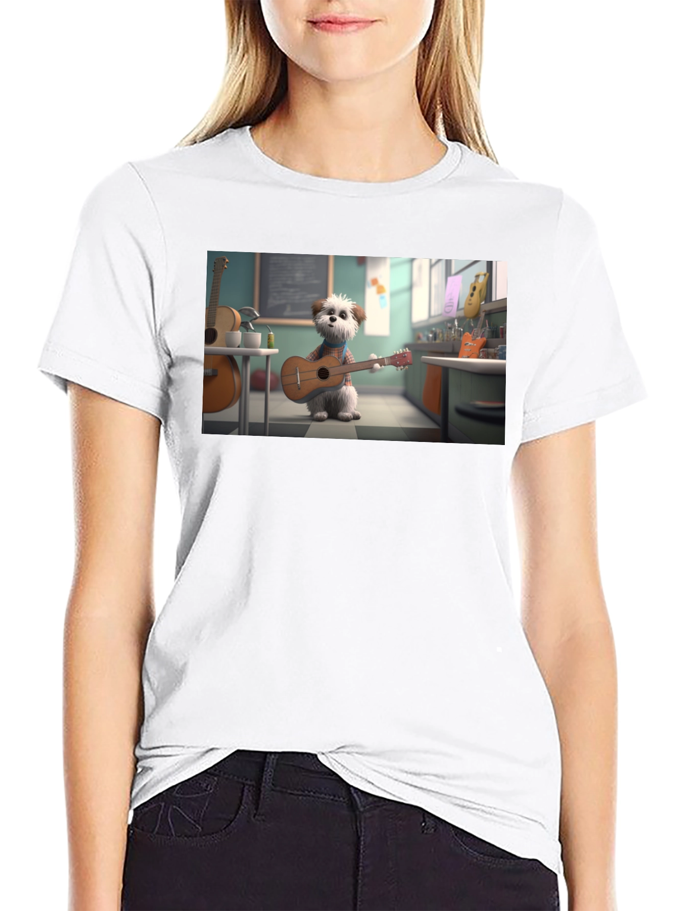 Dog Playing Guitar Graphic Tee - Black Cotton Blend