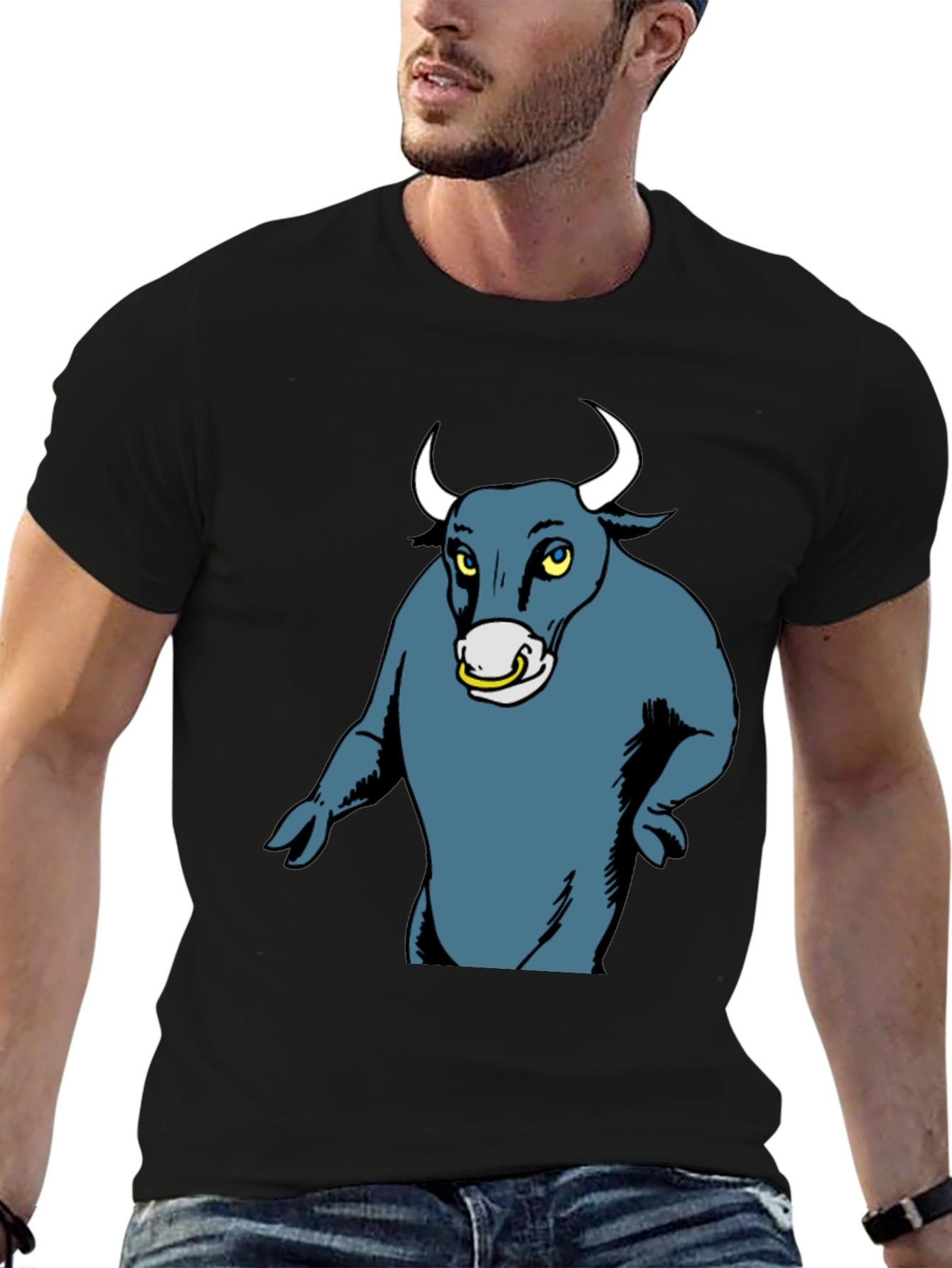 Cartoon Bull Graphic Tee - Black