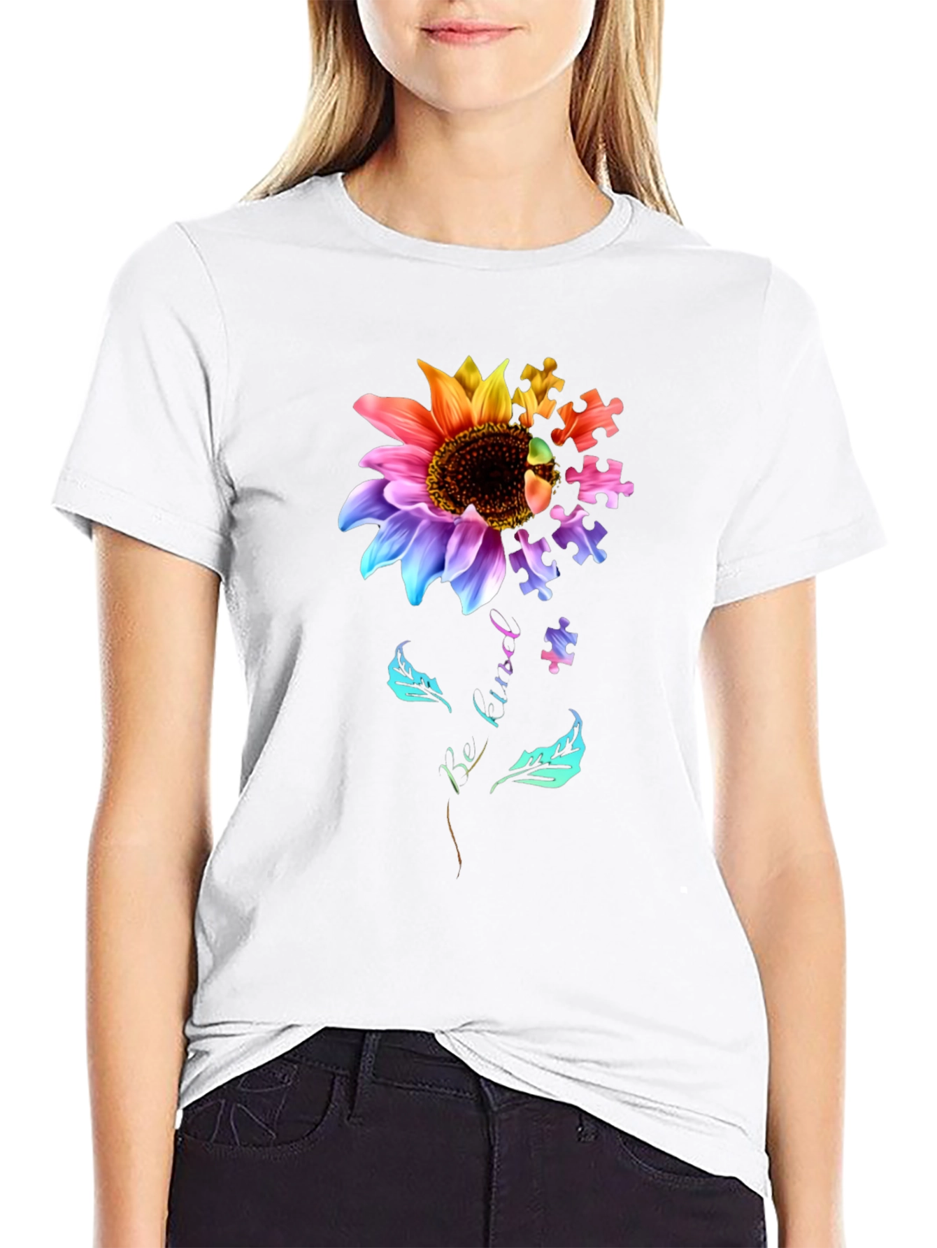 Autism Awareness Sunflower Puzzle Piece Graphic T-Shirt