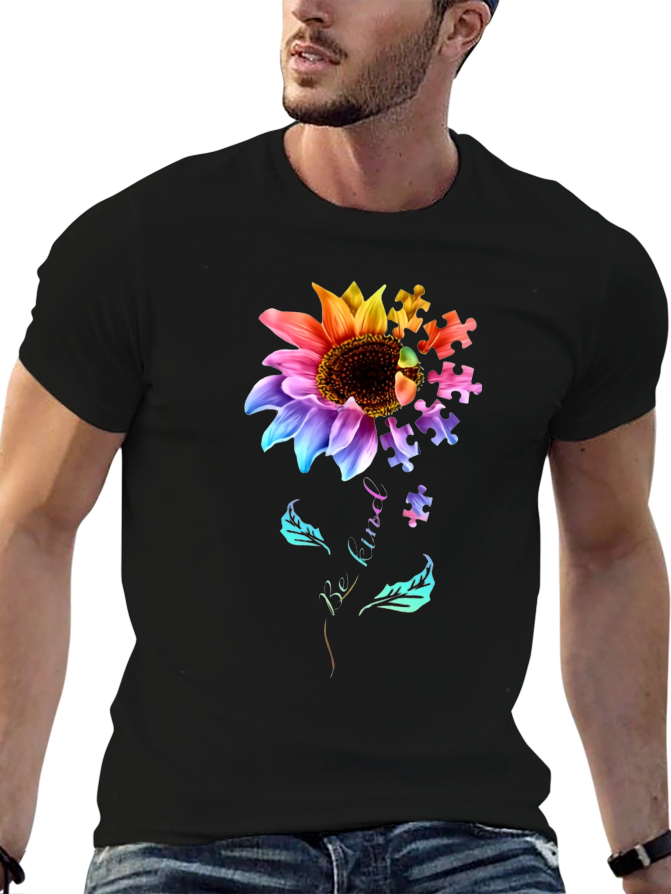 Autism Awareness Sunflower Puzzle Piece Graphic T-Shirt