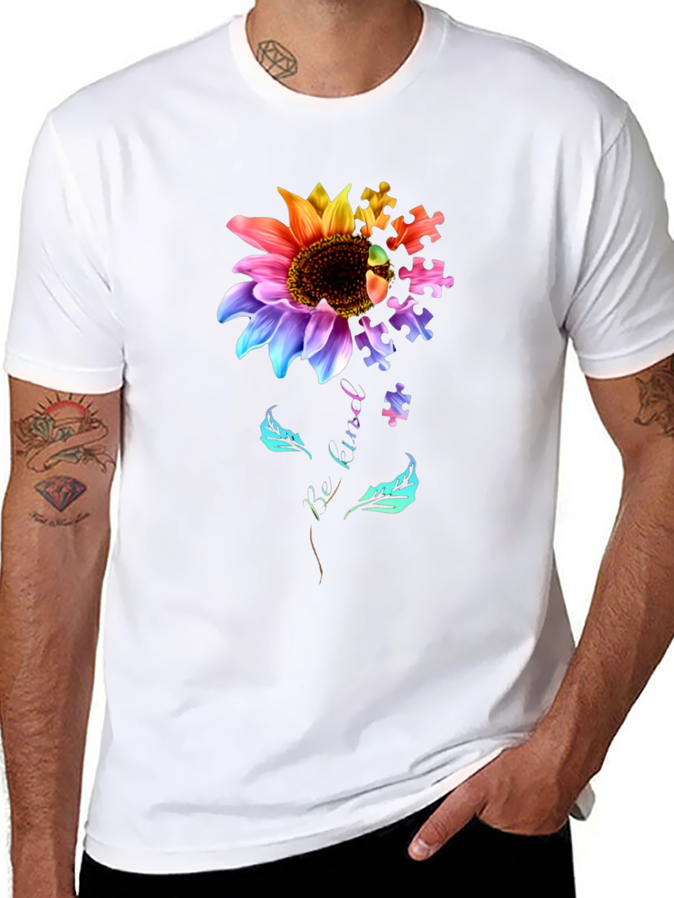 Autism Awareness Sunflower Puzzle Piece Graphic T-Shirt