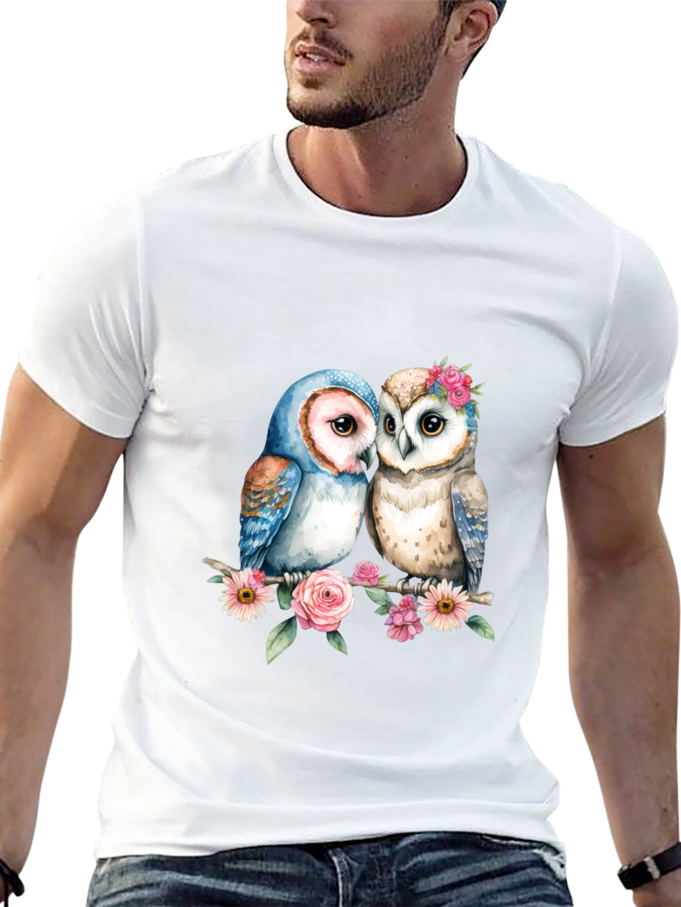 Floral Owl Couple Graphic T-Shirt