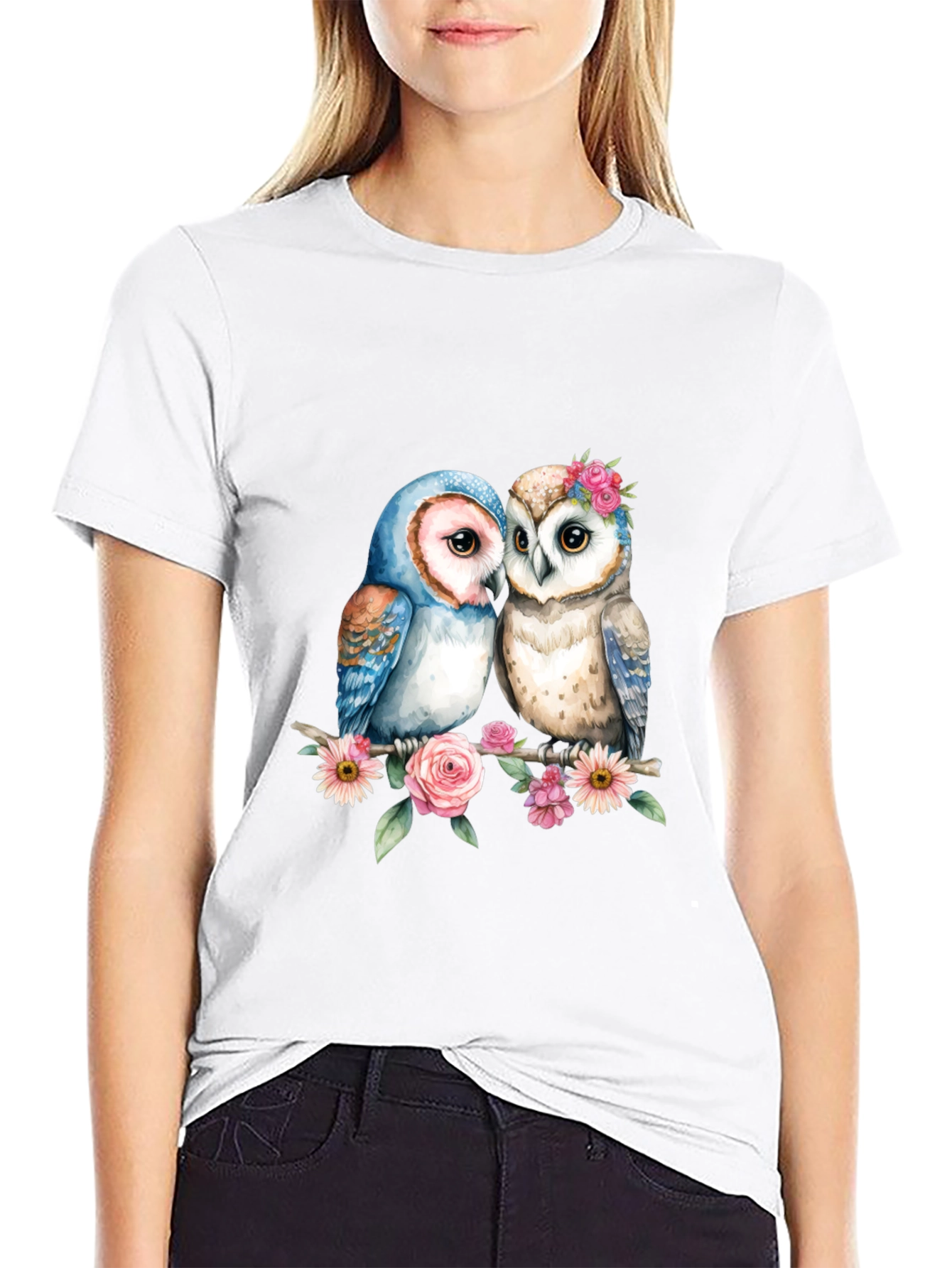 Floral Owl Couple Graphic T-Shirt