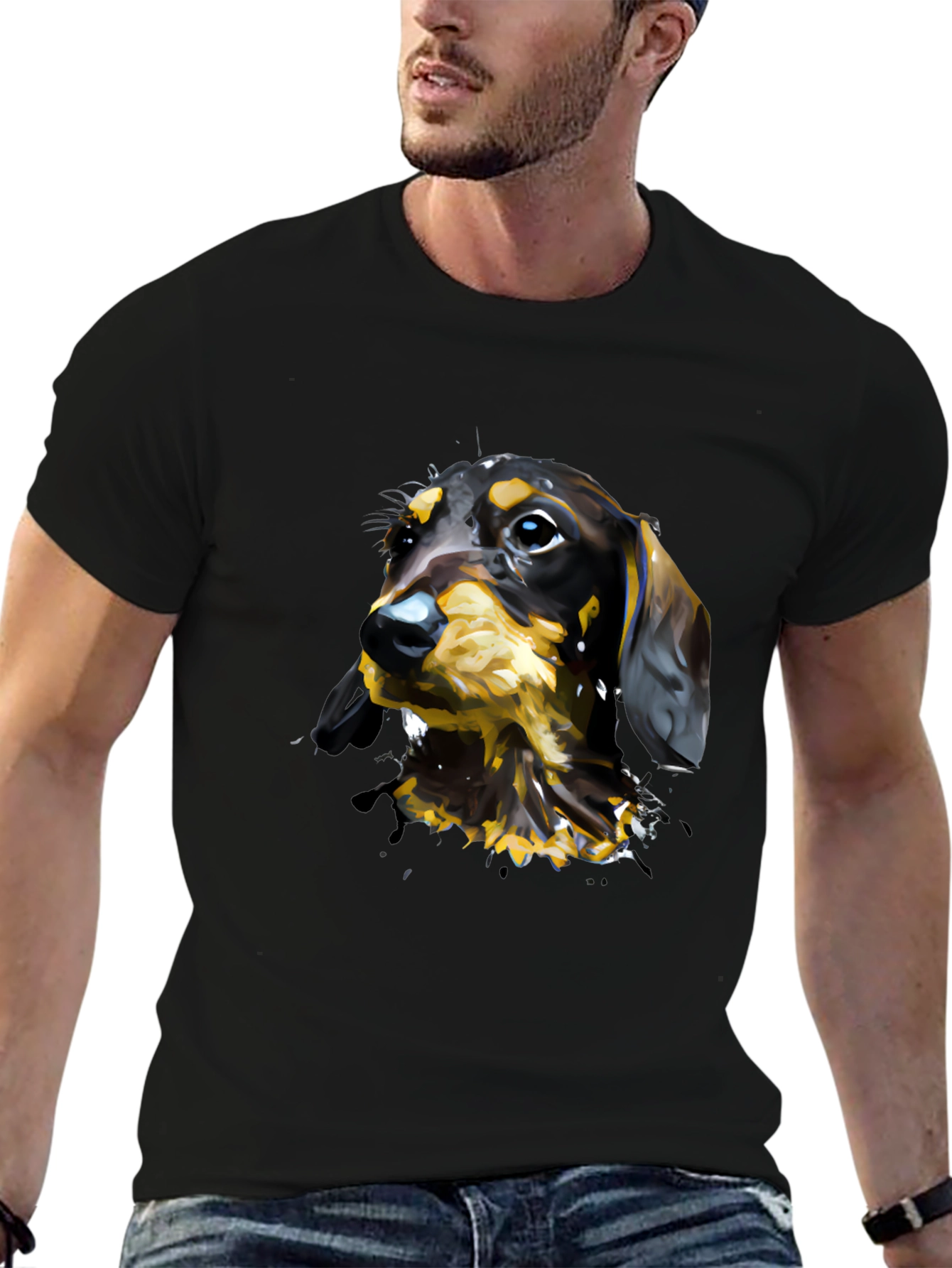 Dachshund Dog Art T-Shirt - Mens Black Tee