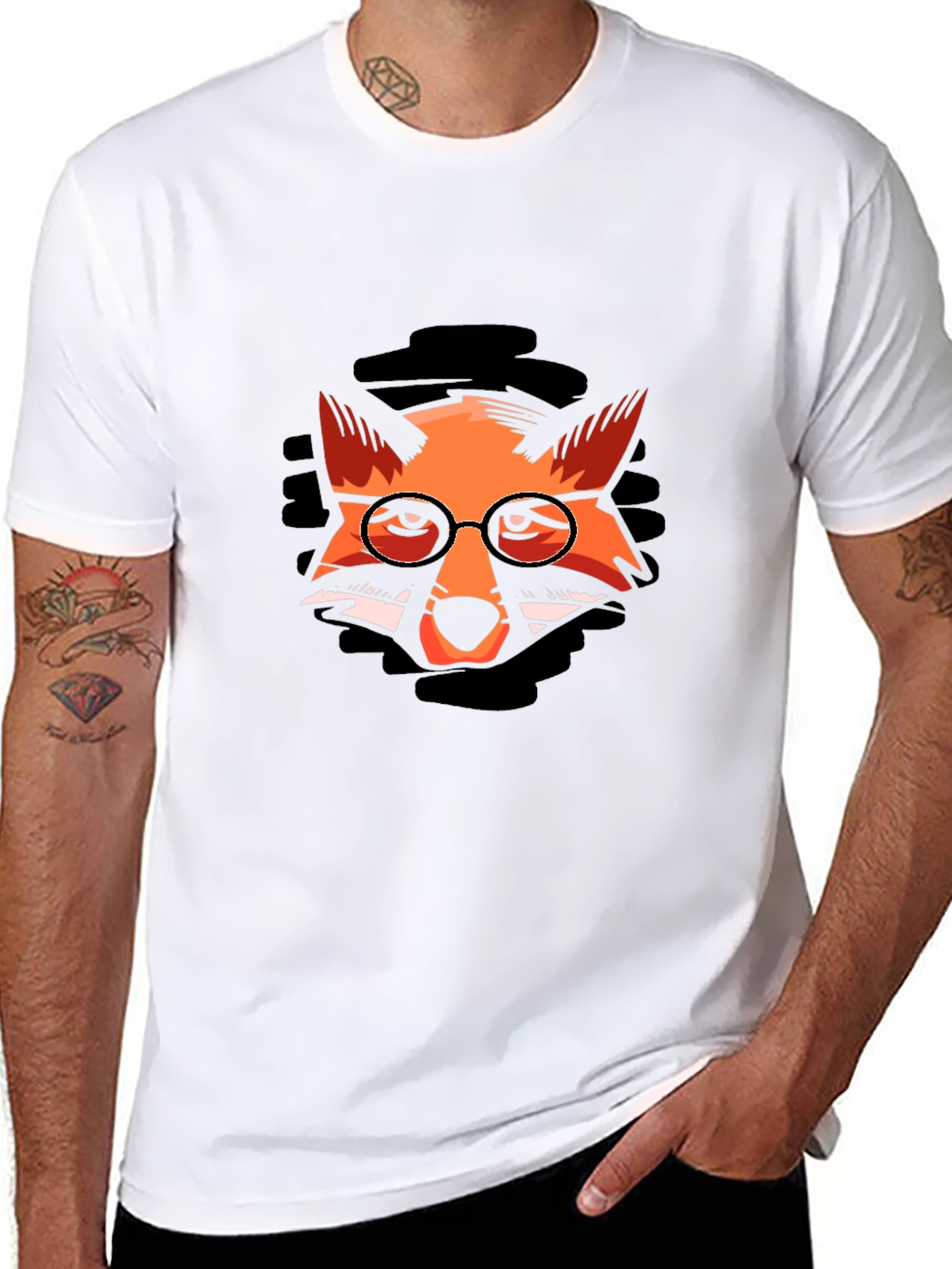 Fox with Glasses Graphic Black T-Shirt
