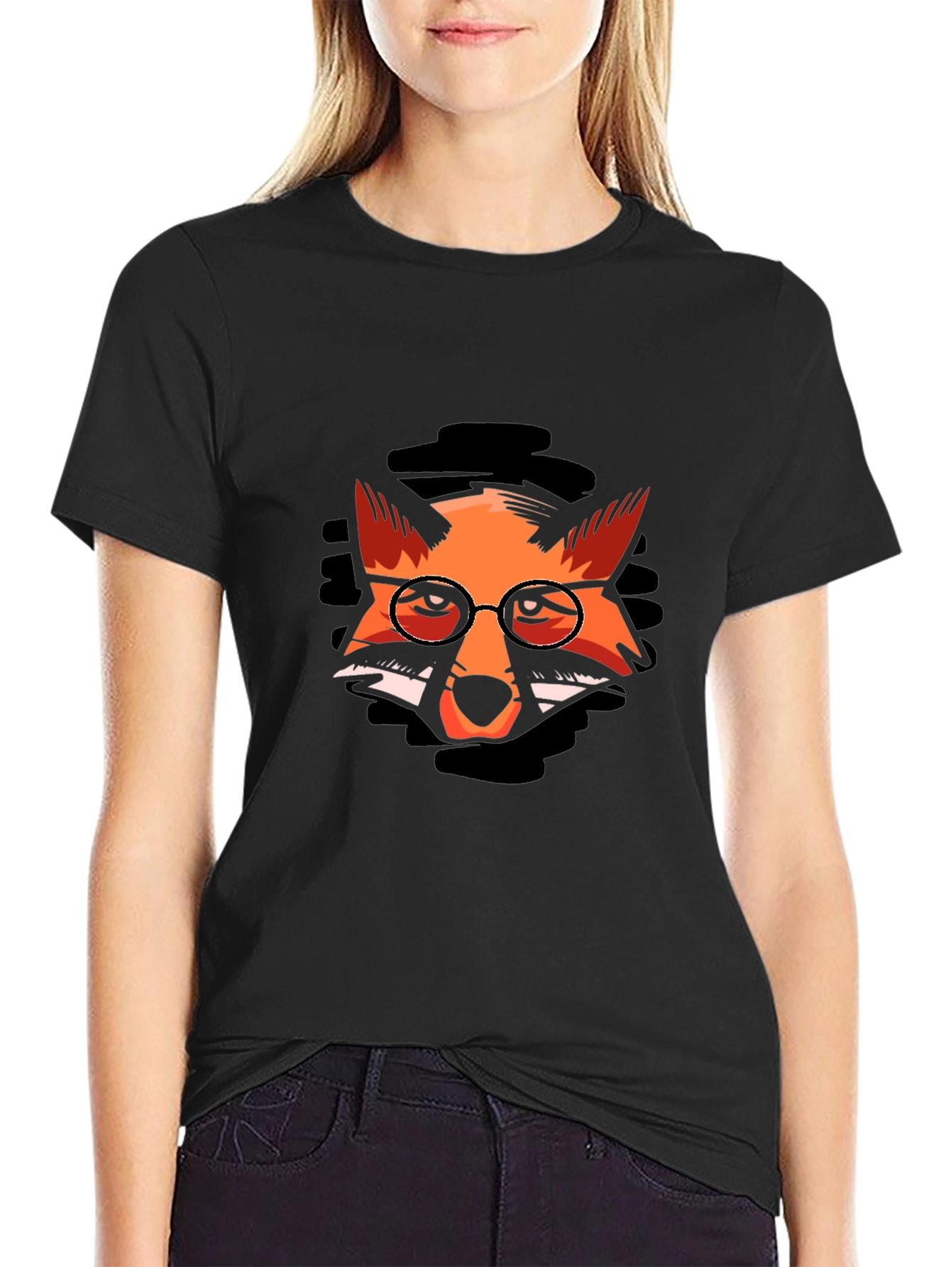 Fox with Glasses Graphic Black T-Shirt
