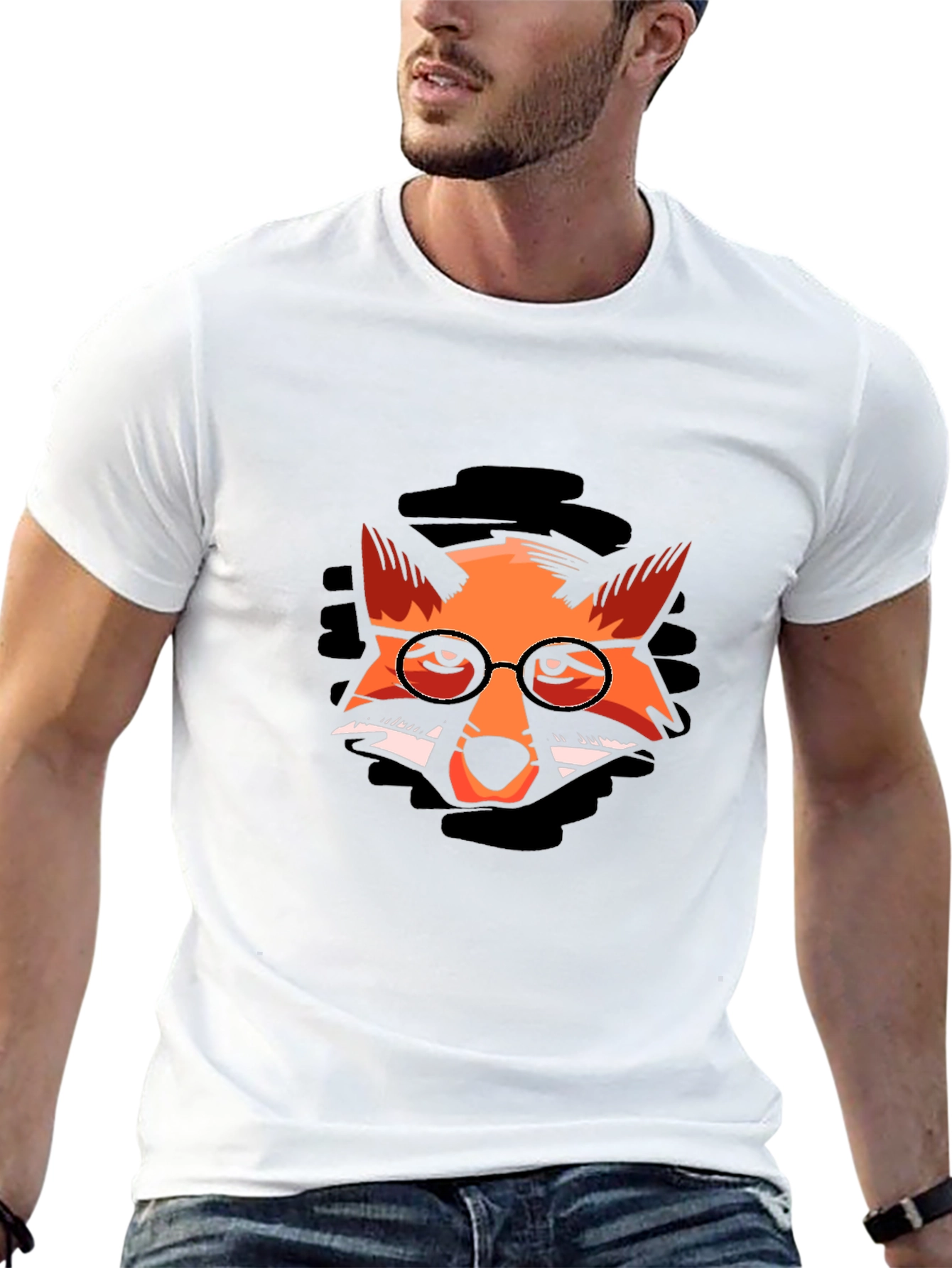 Fox with Glasses Graphic Black T-Shirt
