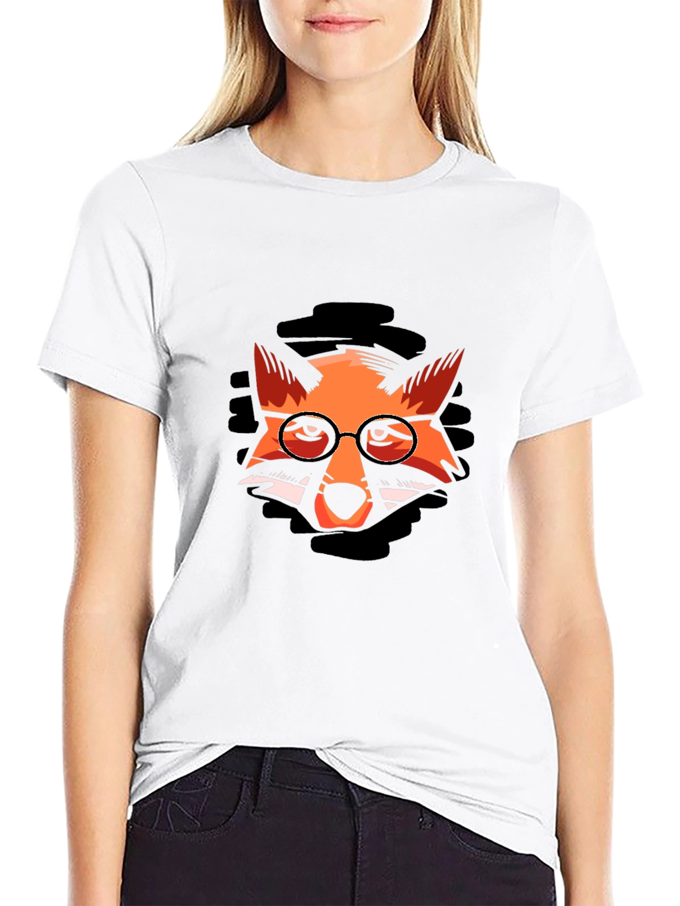 Fox with Glasses Graphic Black T-Shirt