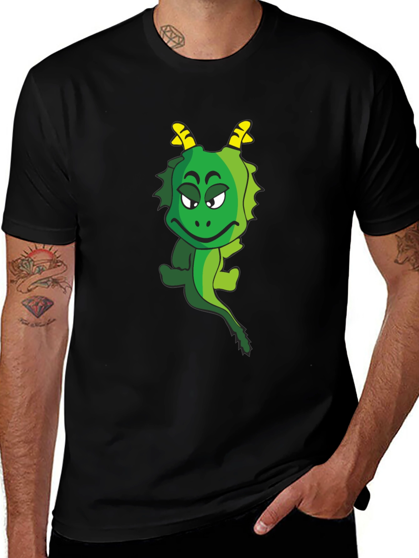 Funny Cartoon Dragon Graphic Tee - Black