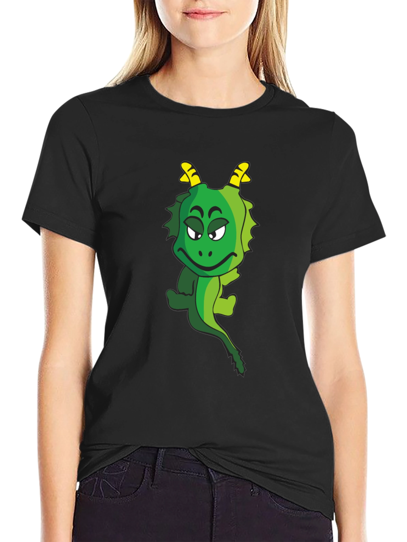 Funny Cartoon Dragon Graphic Tee - Black