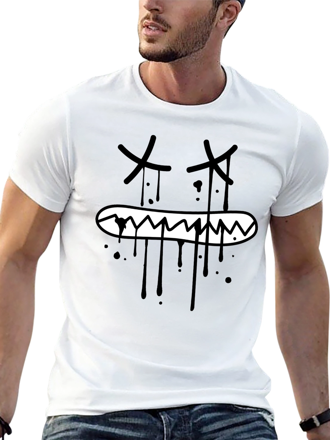 Mens Black Graphic Tee - Edgy Cartoon Face