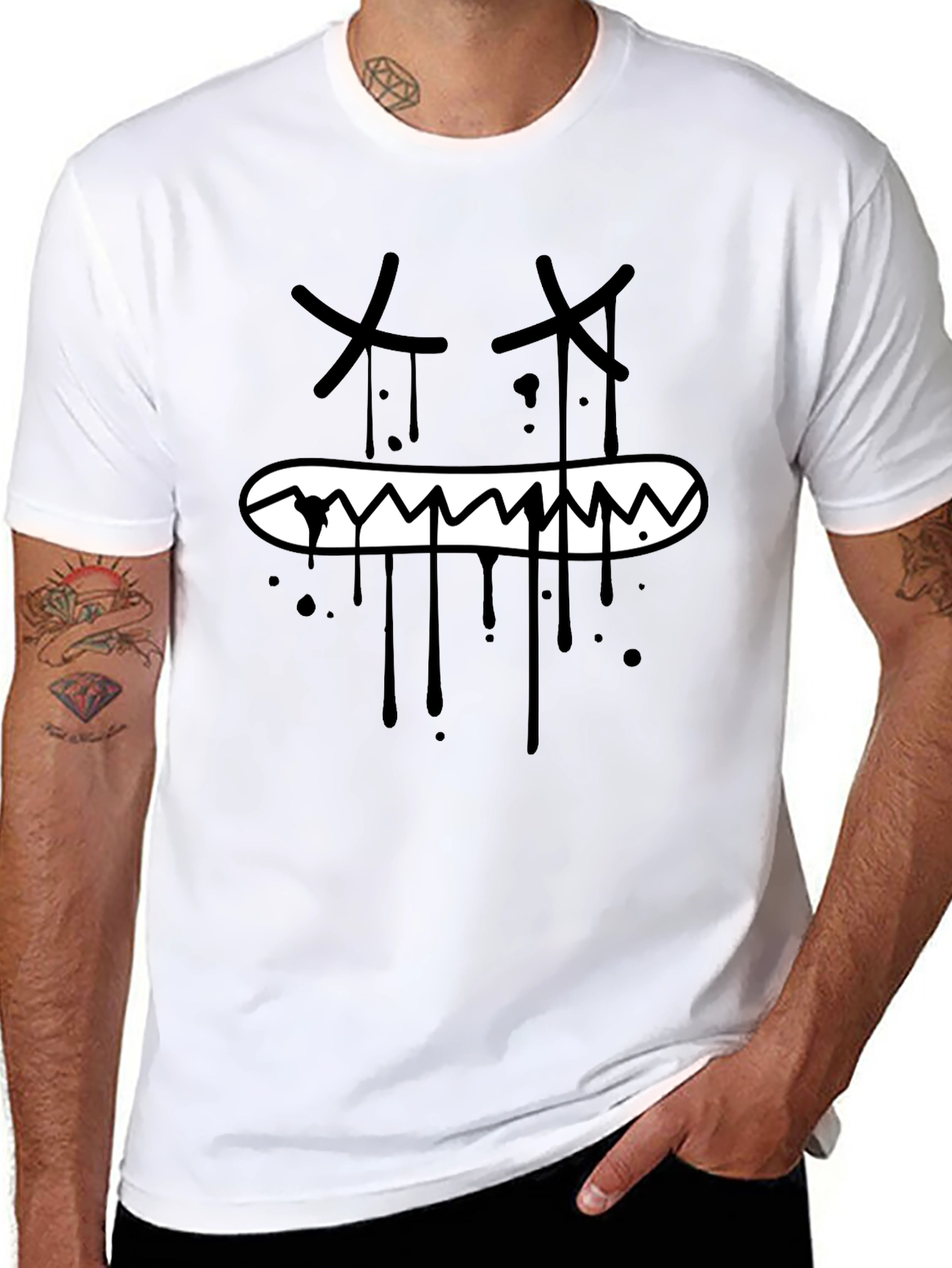 Mens Black Graphic Tee - Edgy Cartoon Face
