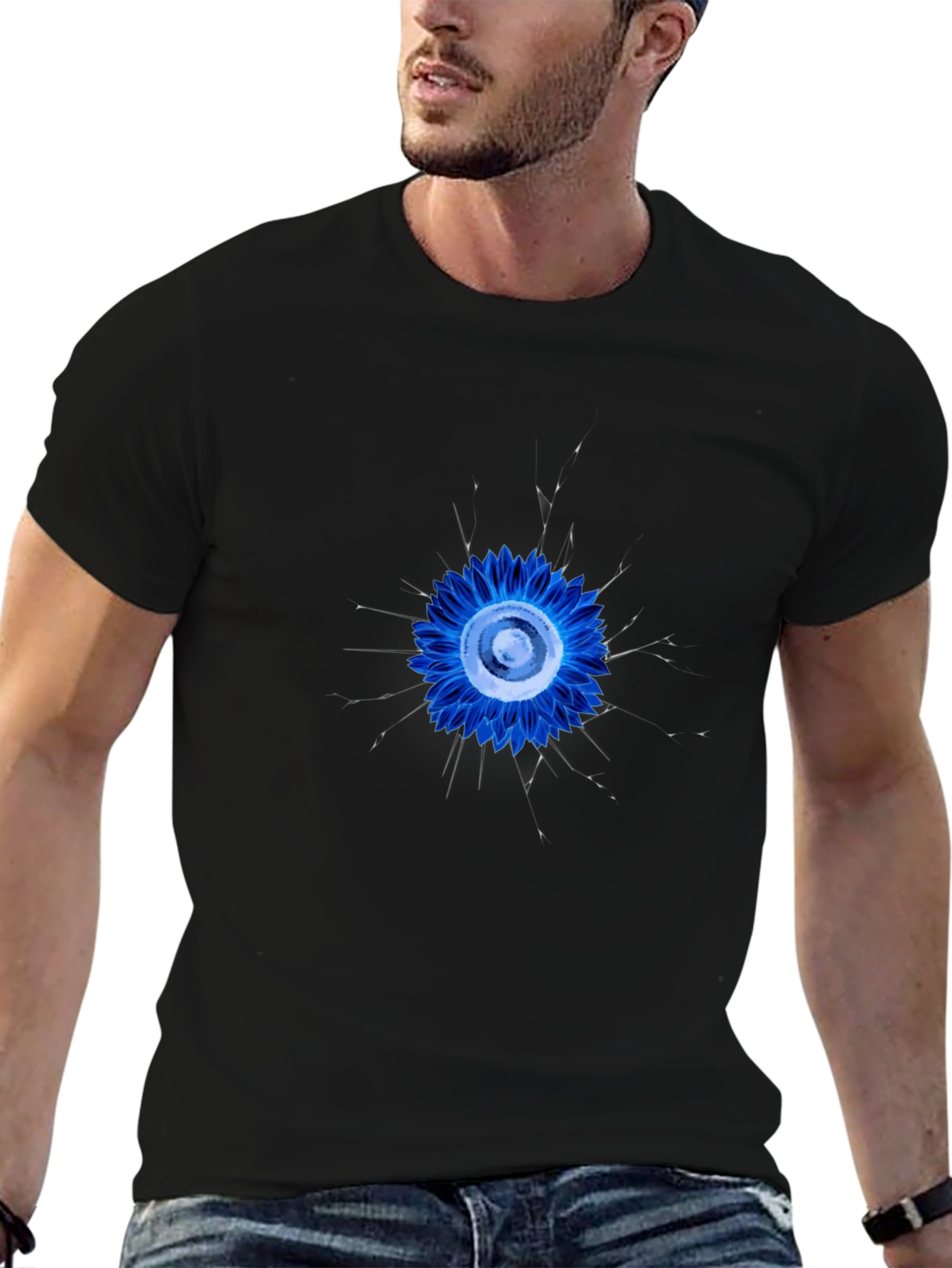 Abstract Blue Flower Graphic Black T-Shirt