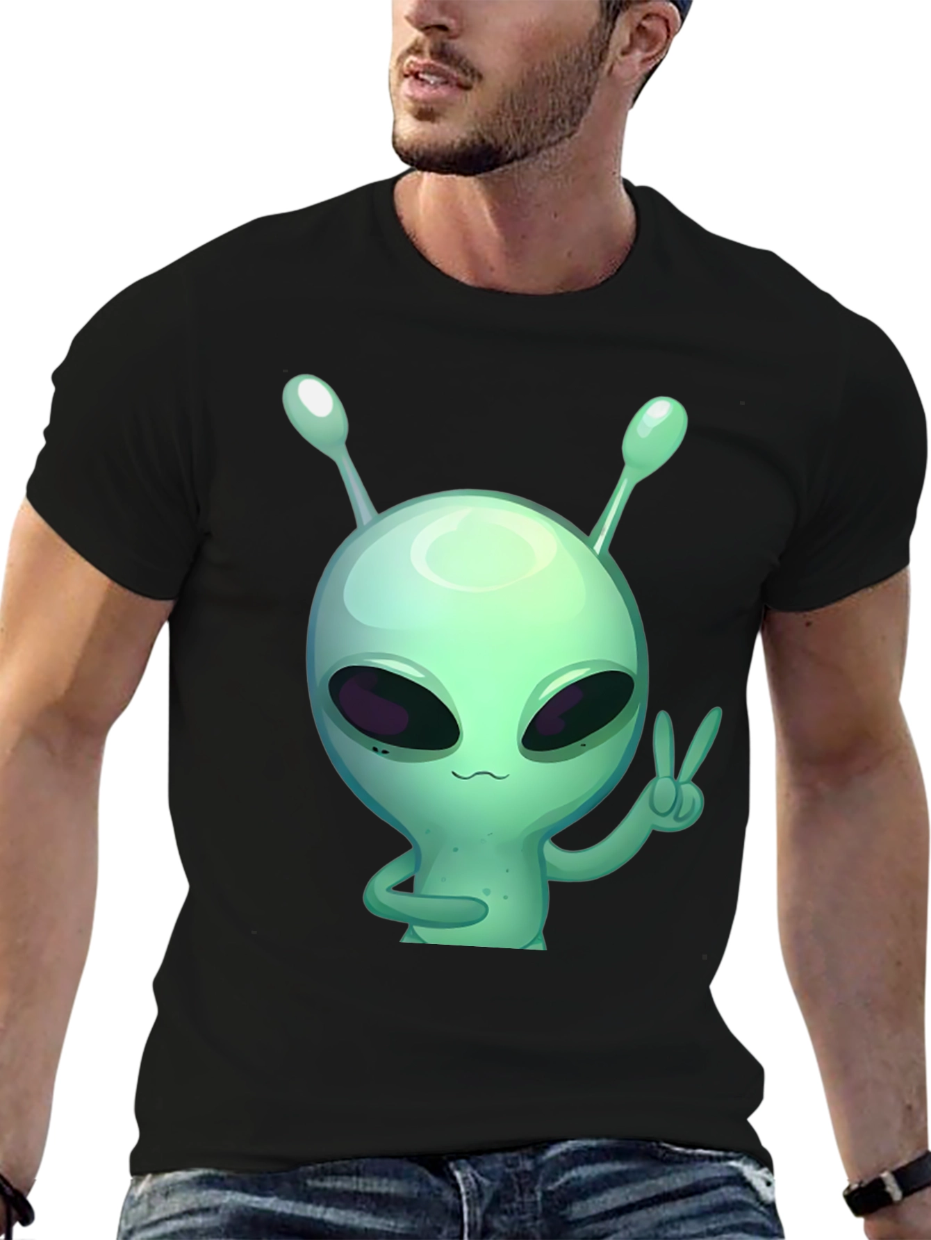 Alien Peace Sign Graphic Tee - Black Cotton T-Shirt