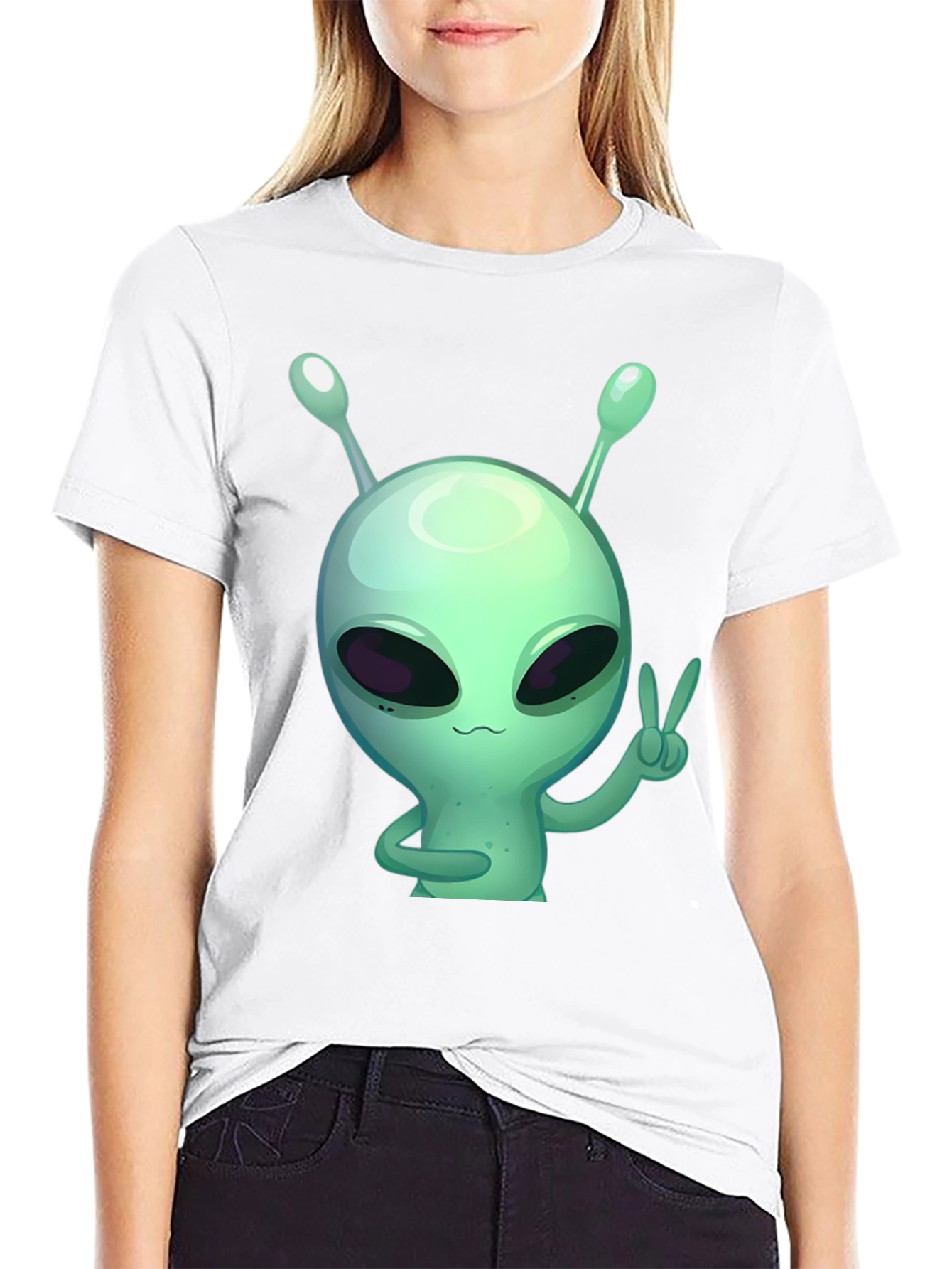 Alien Peace Sign Graphic Tee - Black Cotton T-Shirt
