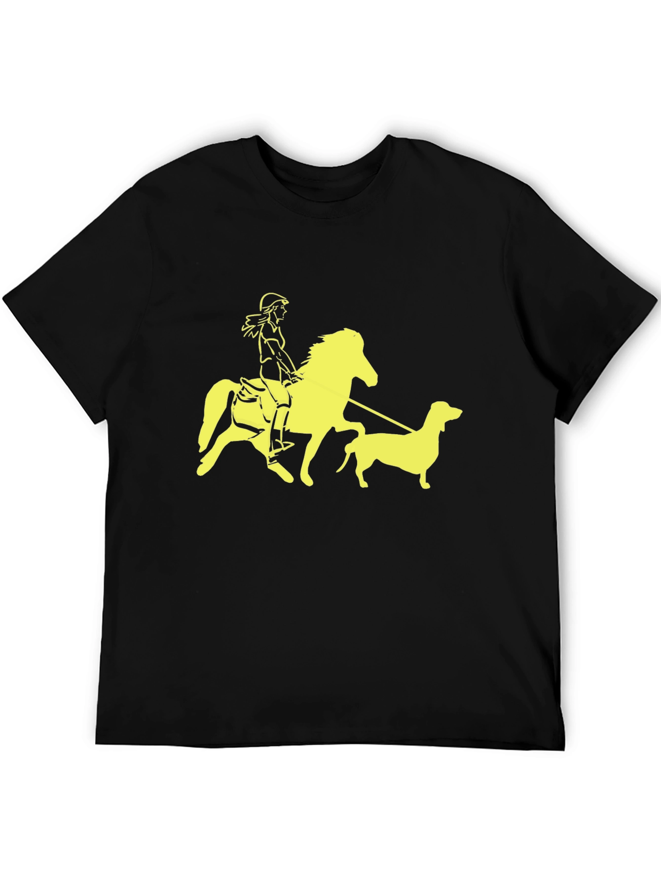 Black T-Shirt with Horse Rider and Dog Graphic