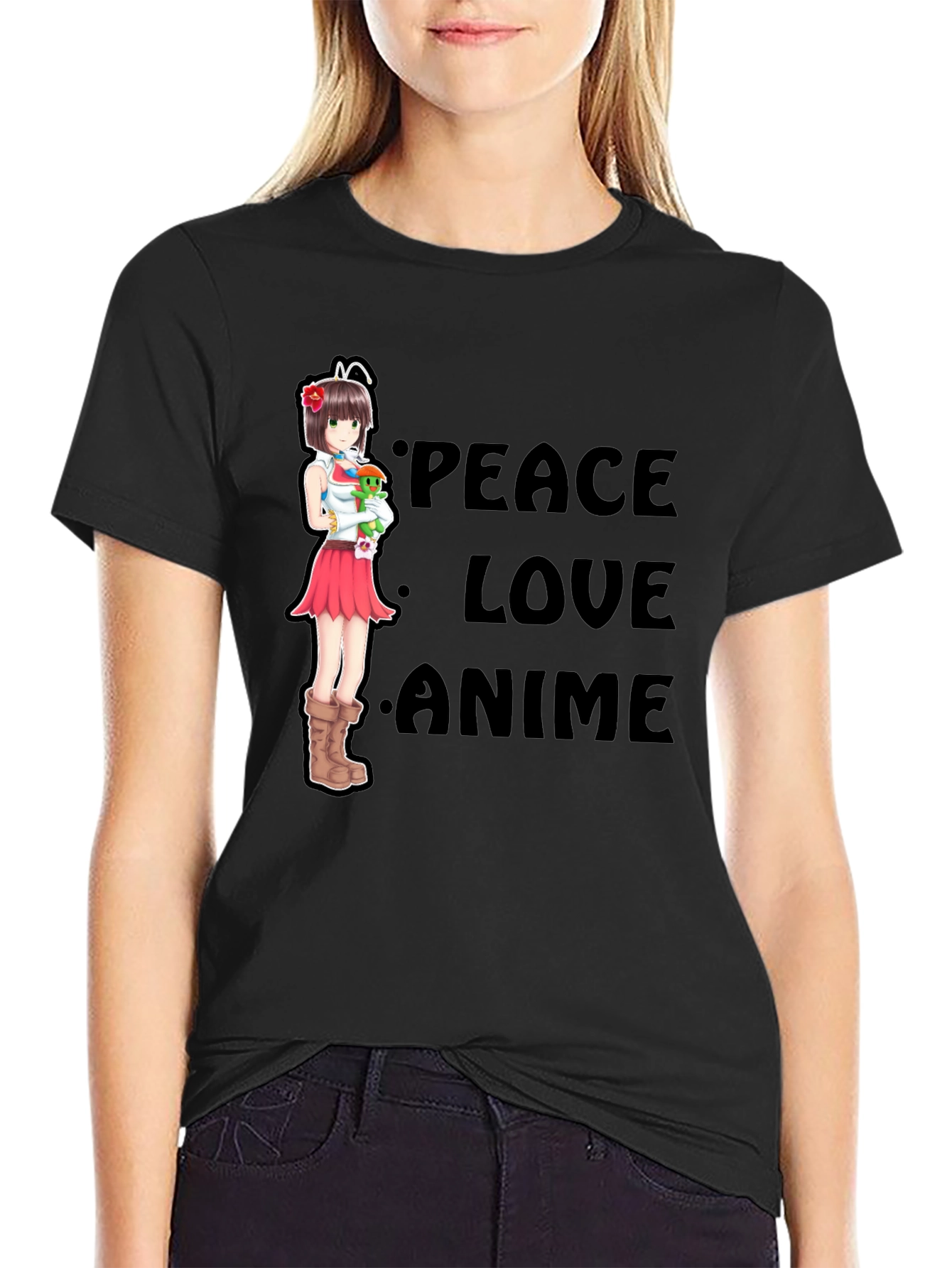 Peace Love Anime Black T-Shirt