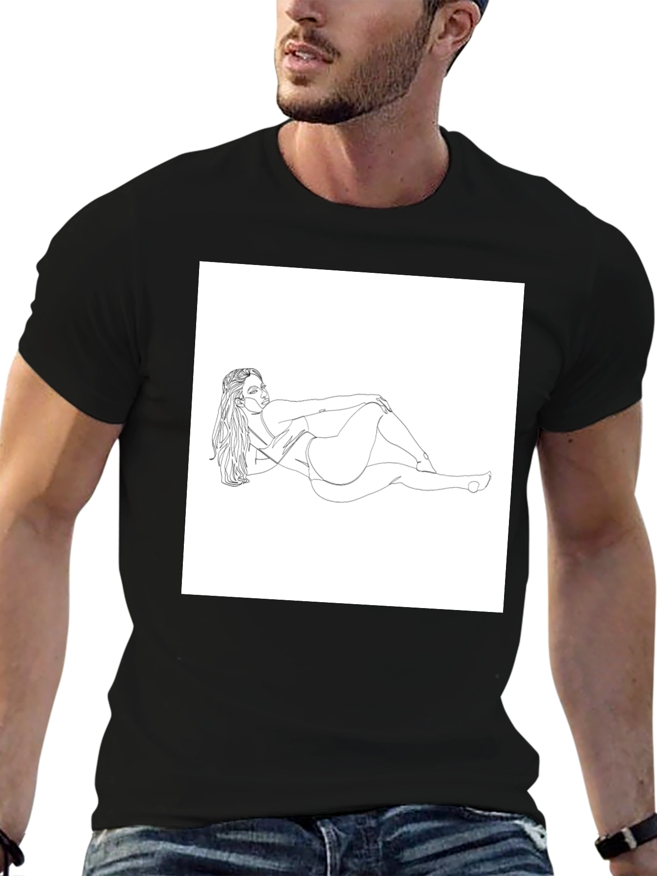 Line Art Woman Graphic Tee - Black Cotton Shirt