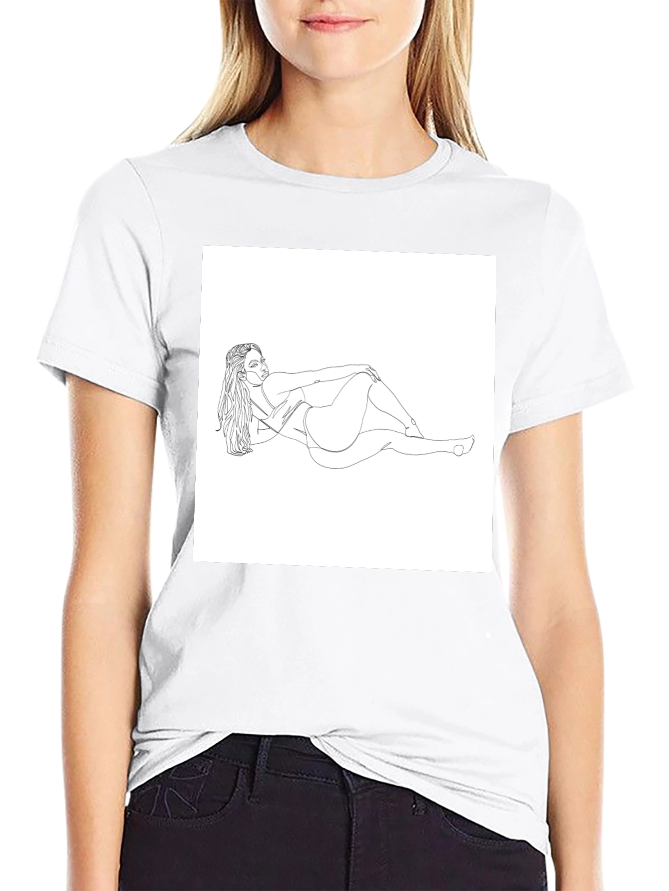 Line Art Woman Graphic Tee - Black Cotton Shirt
