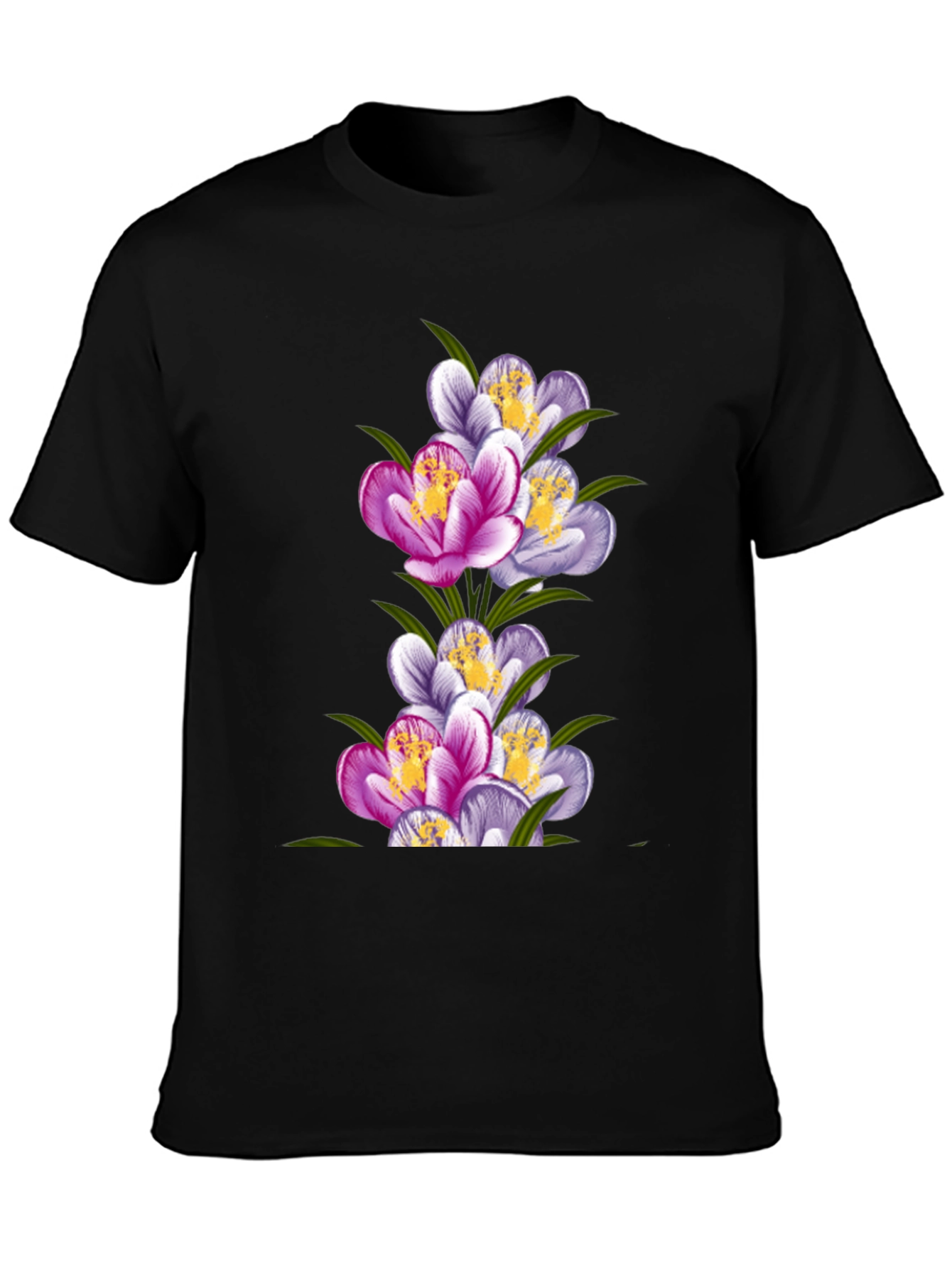 Floral Crocus Graphic Tee - Black Cotton T-Shirt