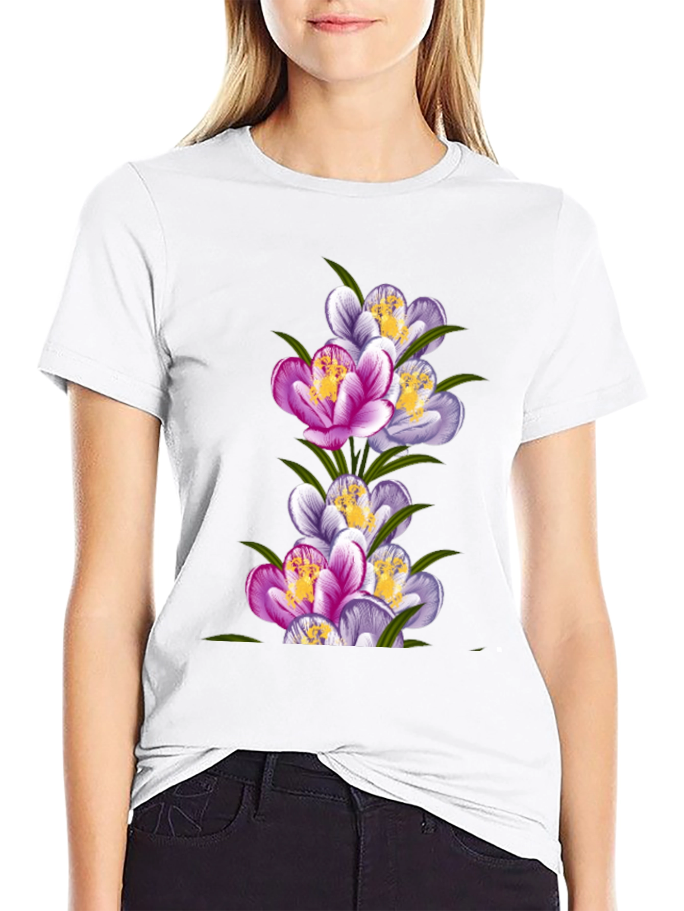 Floral Crocus Graphic Tee - Black Cotton T-Shirt