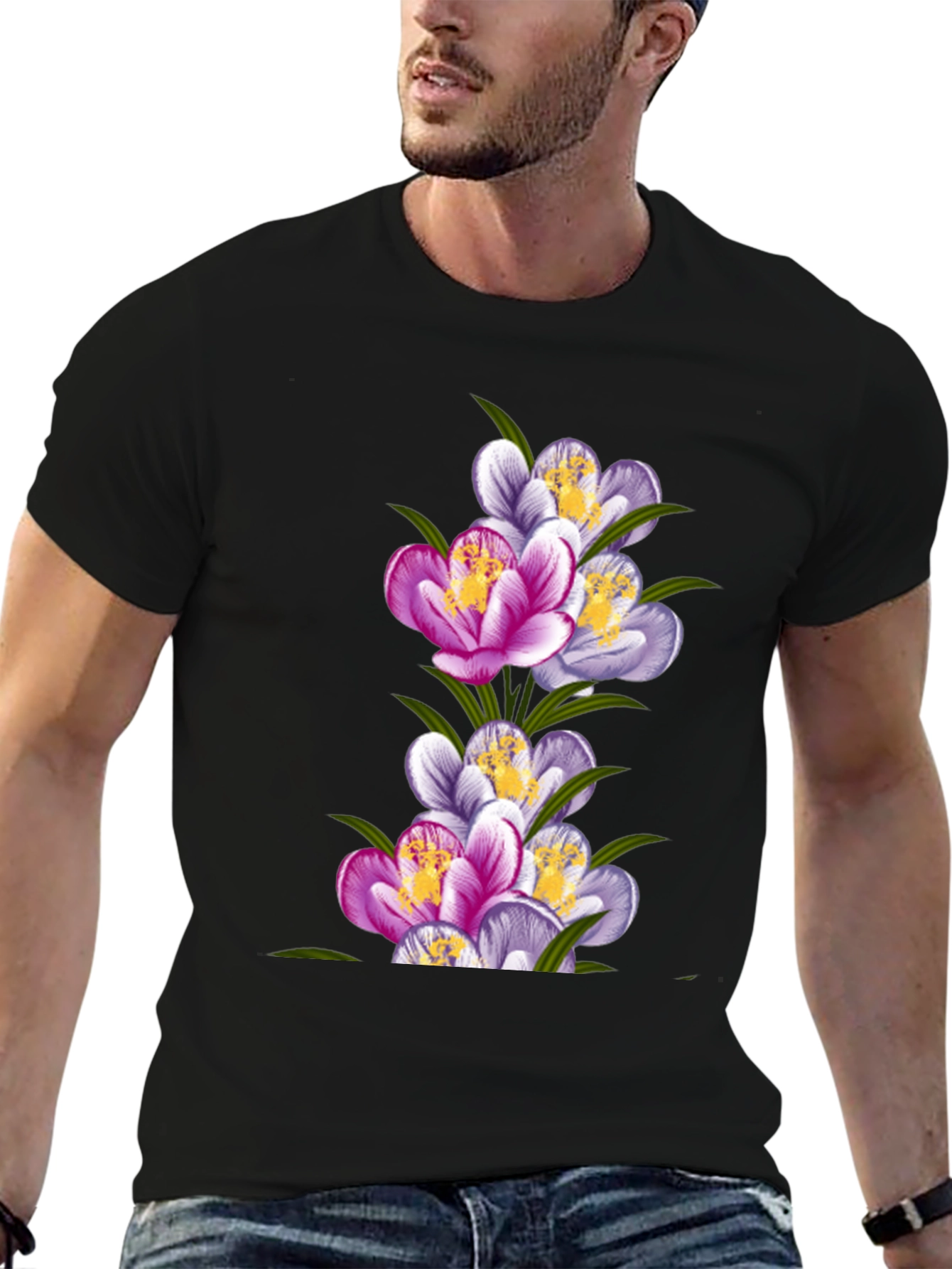 Floral Crocus Graphic Tee - Black Cotton T-Shirt