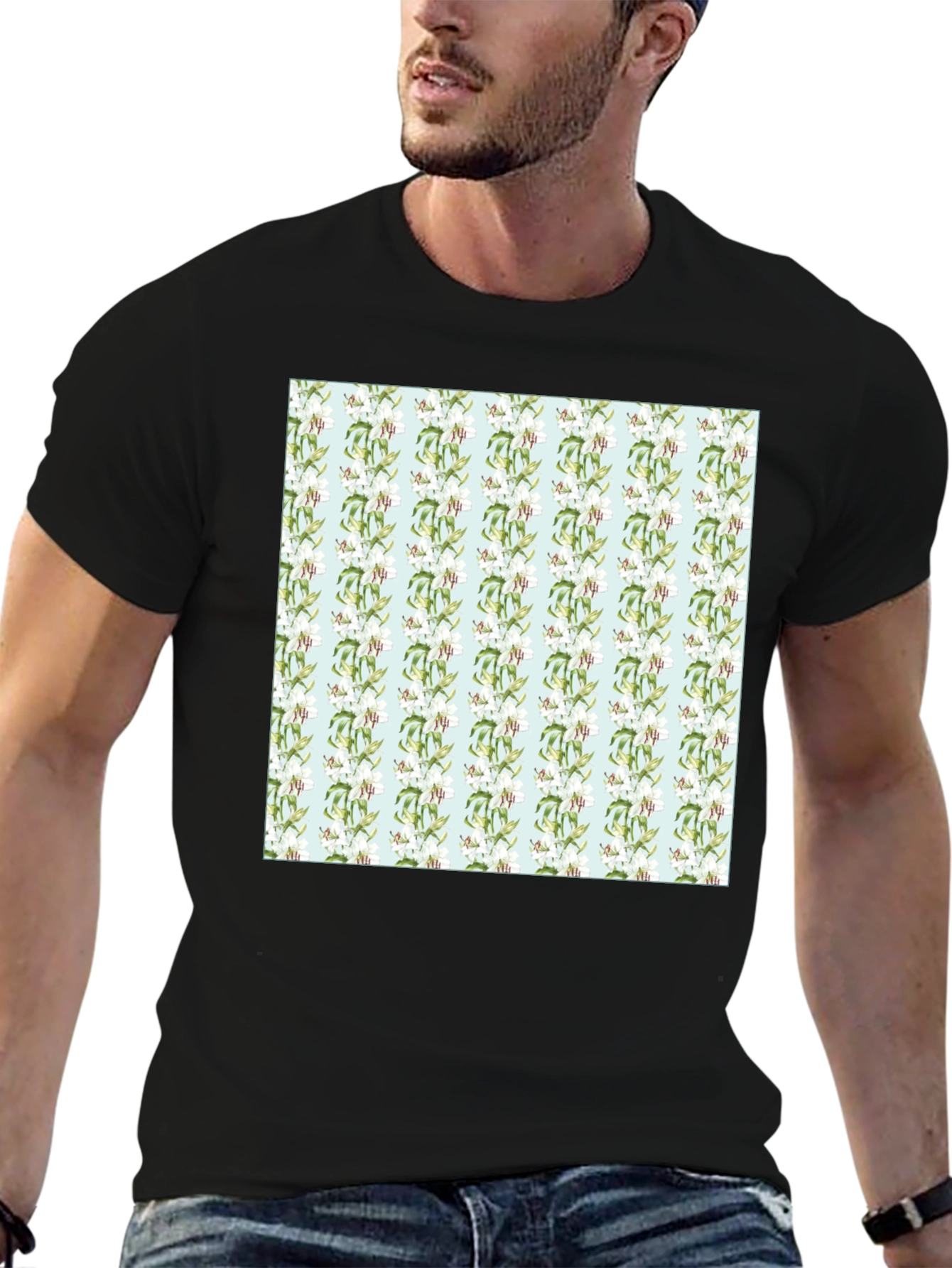 Floral Pattern Mens Black Tee