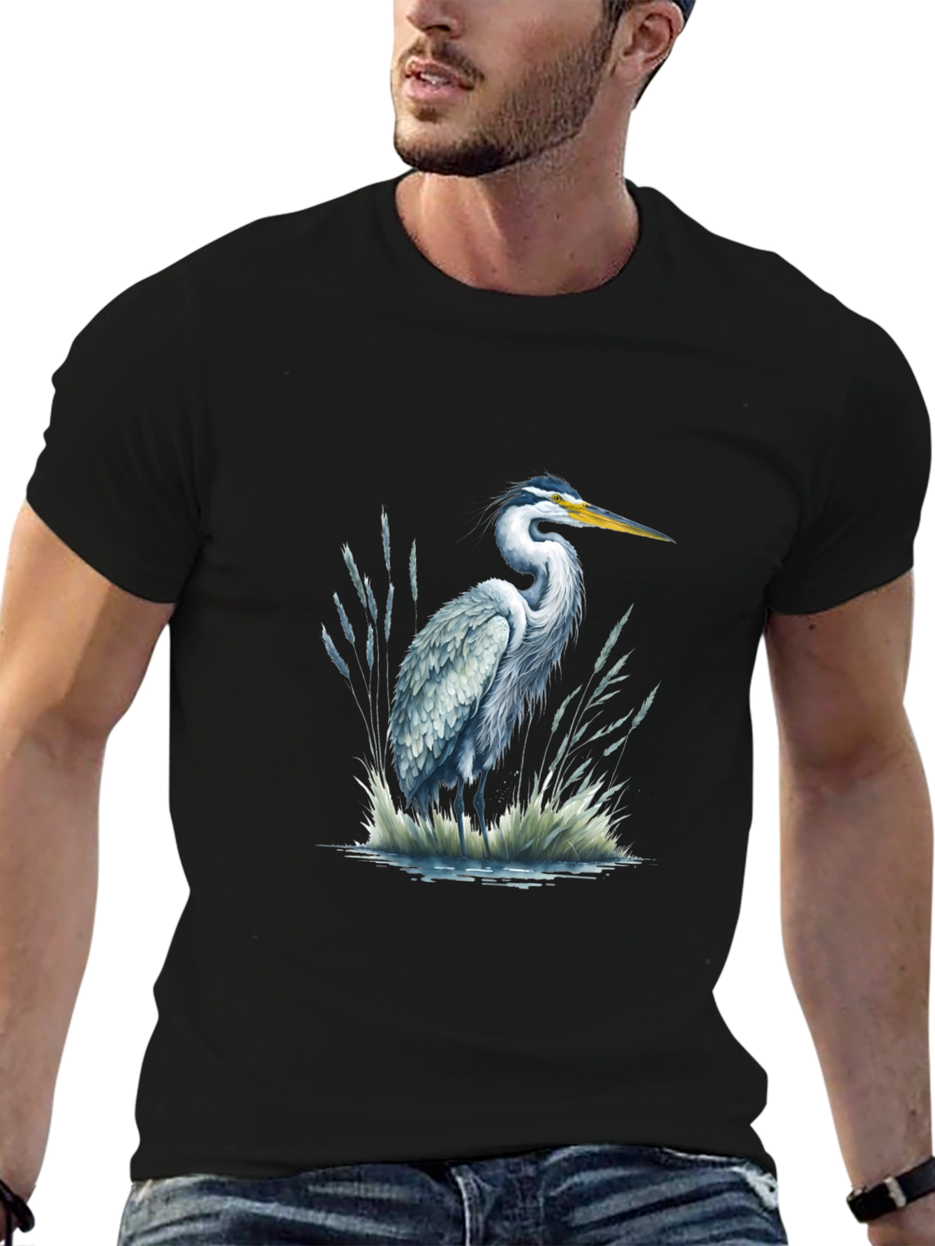 Heron Print Black T-Shirt