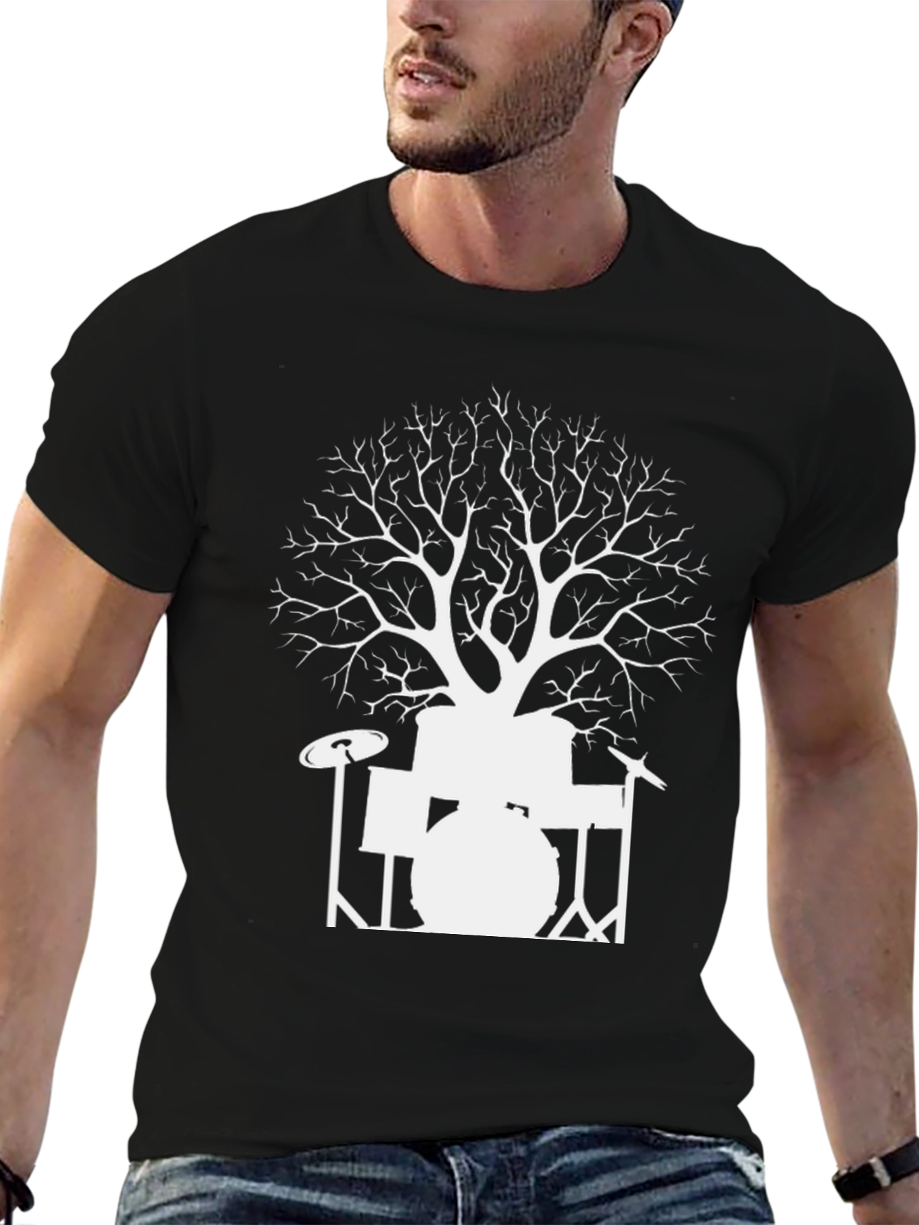 Drum Set Tree Graphic T-Shirt - Black Cotton Tee