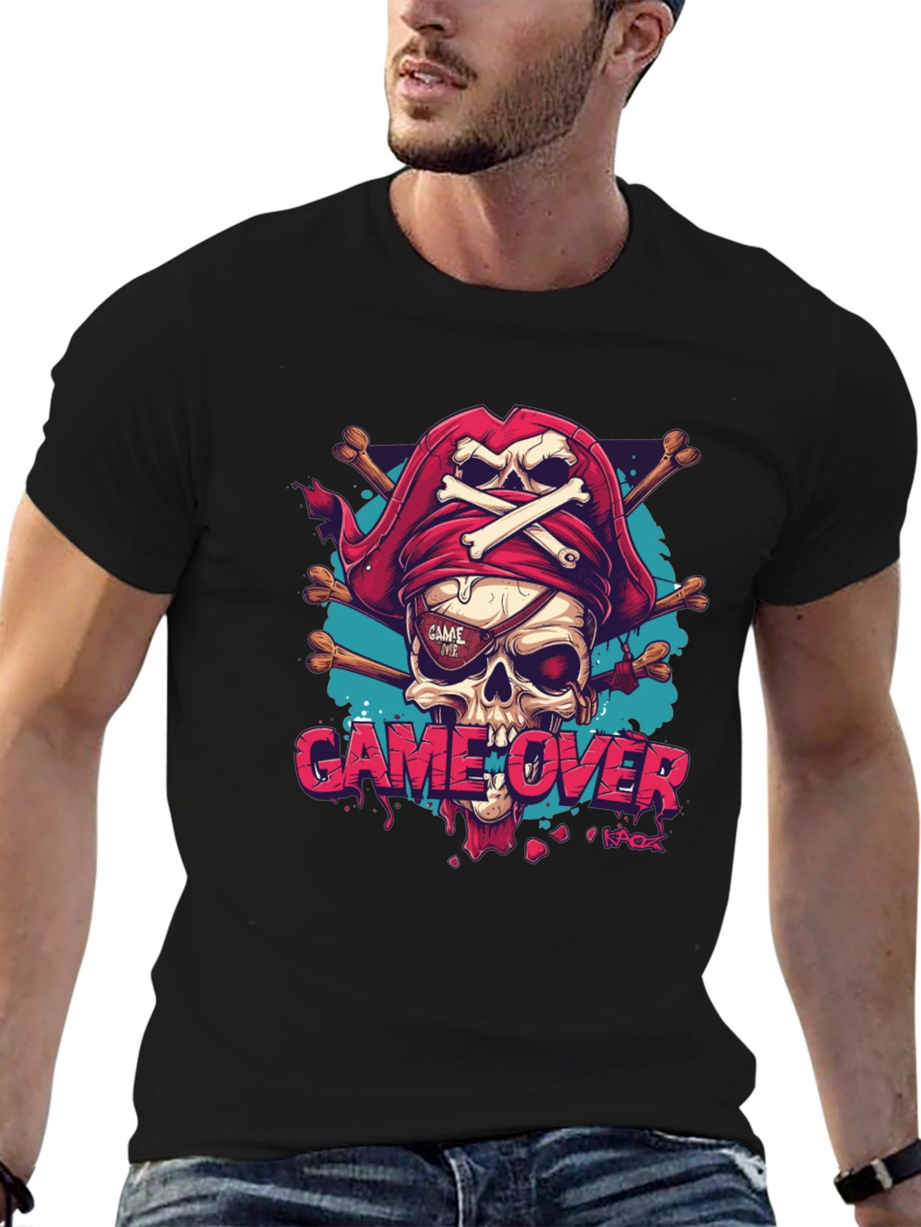 Game Over Pirate Skull Graphic Tee - Black