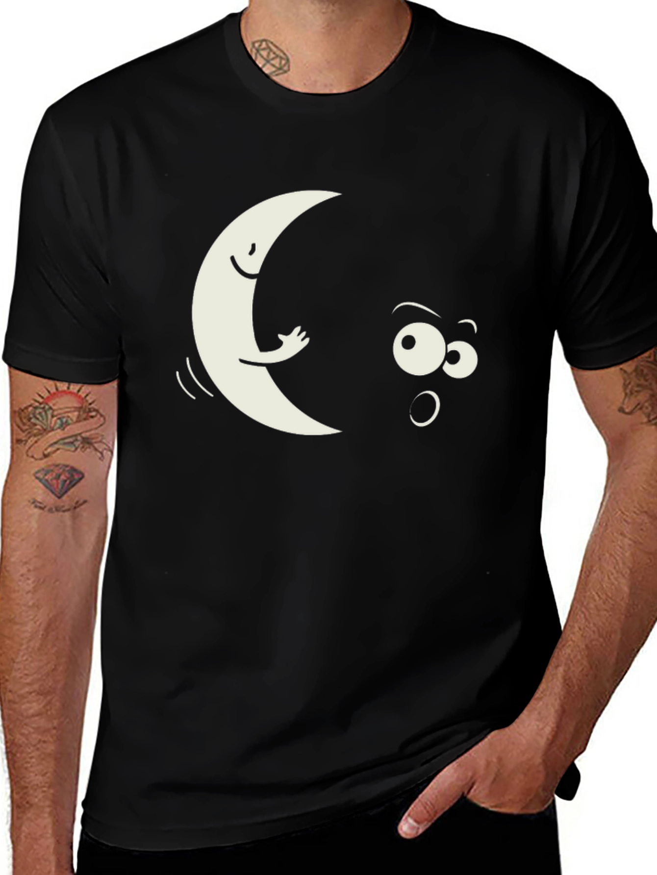 Funny Moon Peeking T-Shirt - Black
