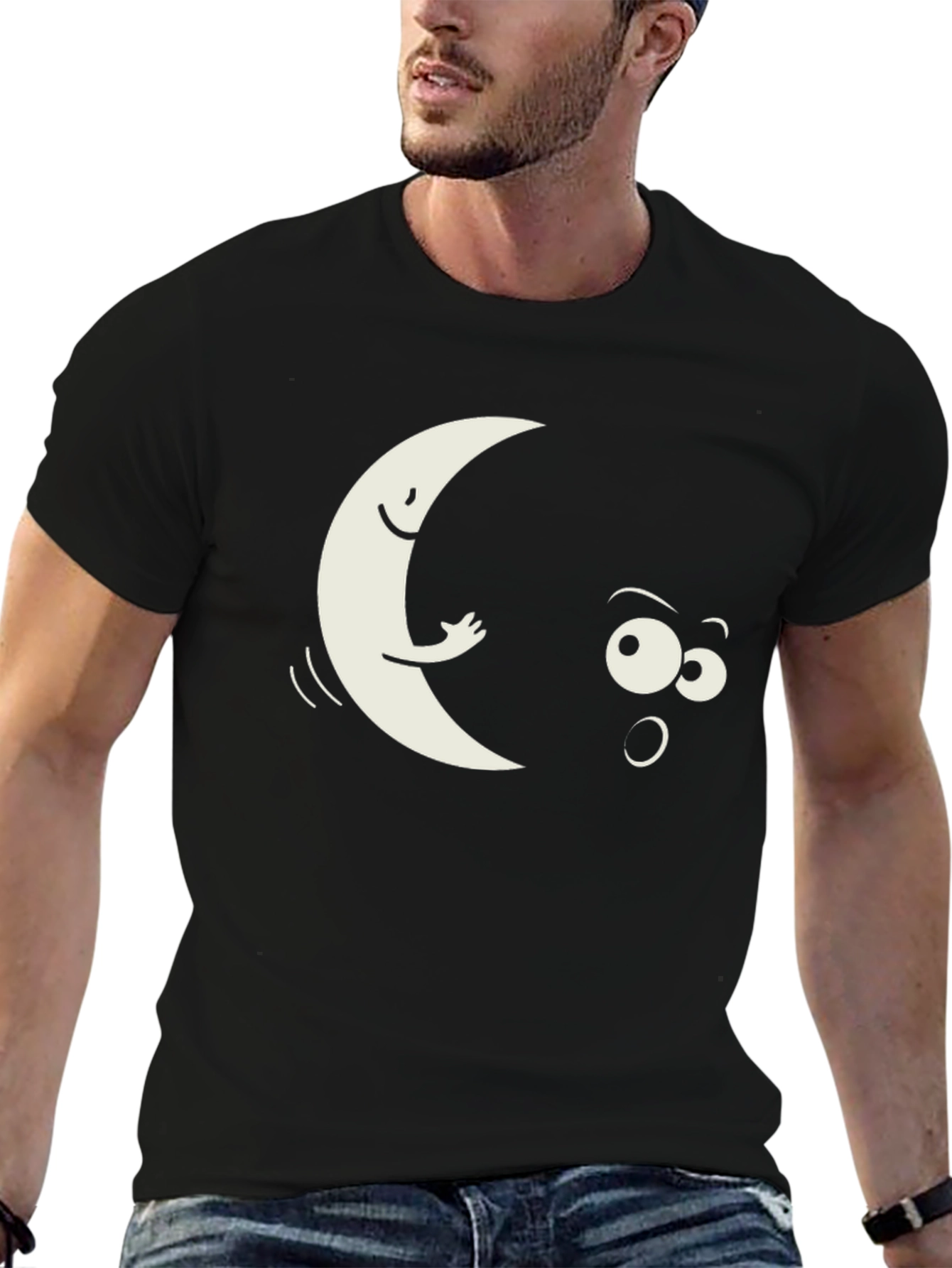 Funny Moon Peeking T-Shirt - Black
