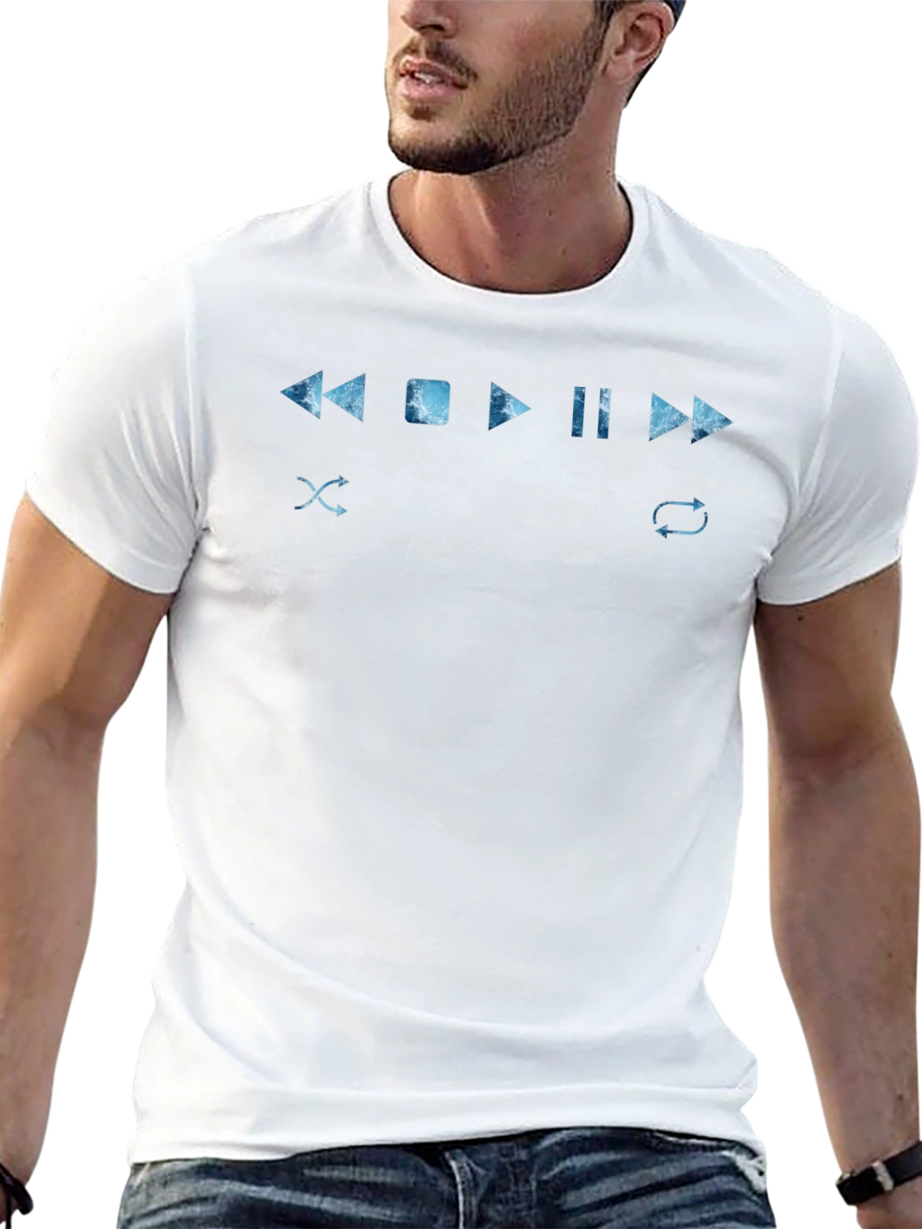Mens Black T-Shirt with Music Player Control Design