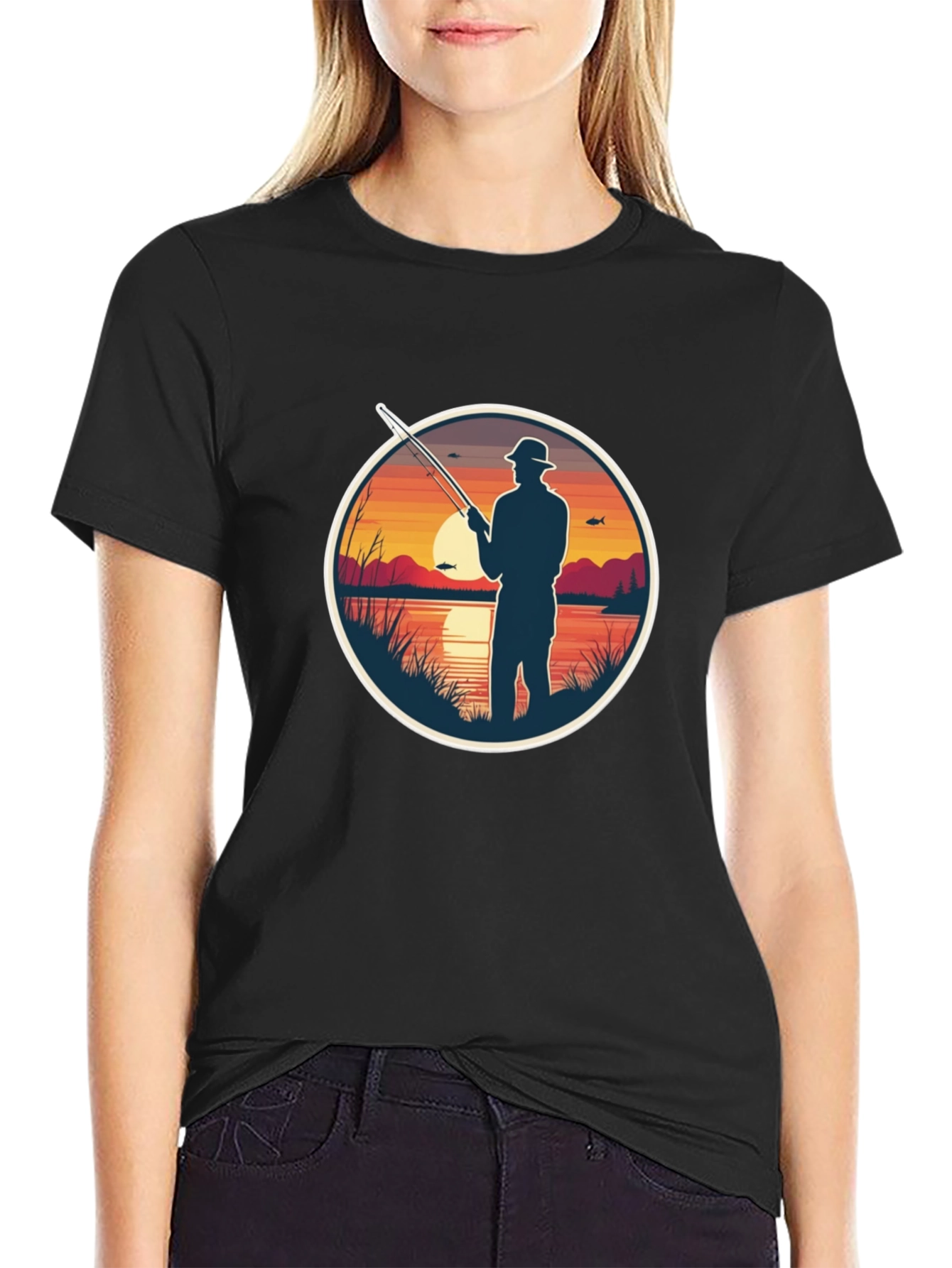 Fisherman Sunset Graphic Tee - Black Cotton