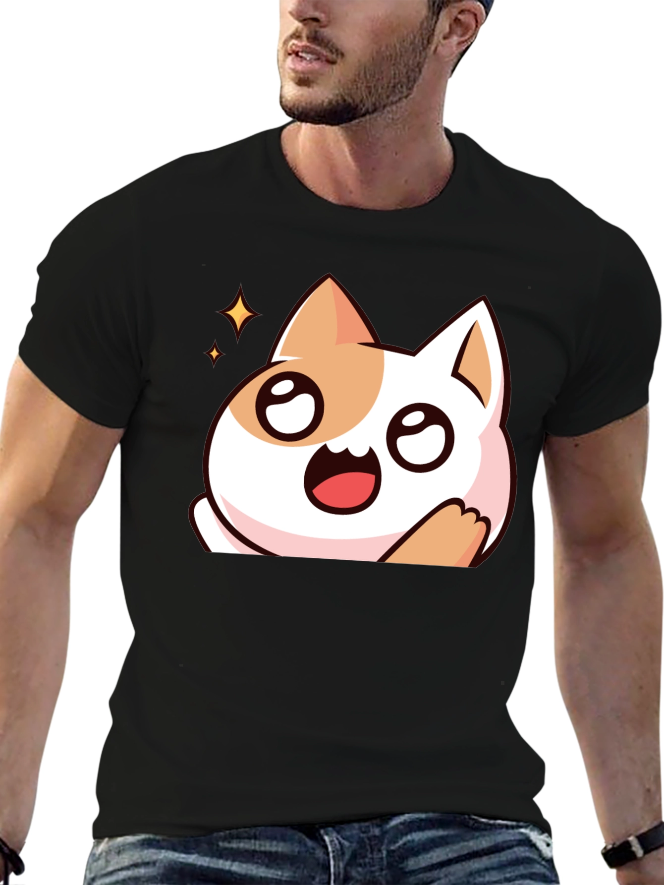 Cute Cartoon Cat Graphic Black T-Shirt