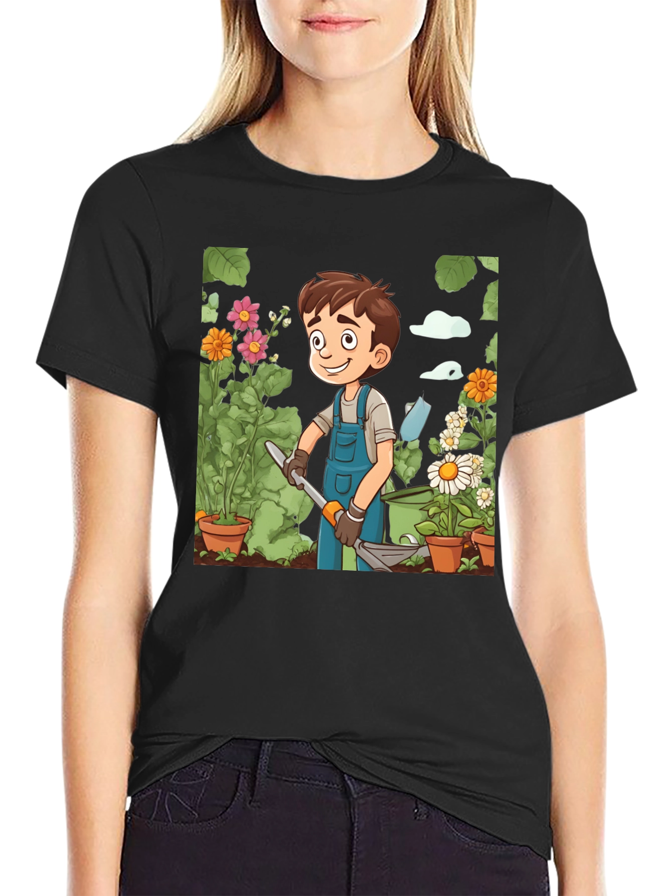 Gardener Boy Graphic Tee - Black Cotton T-Shirt