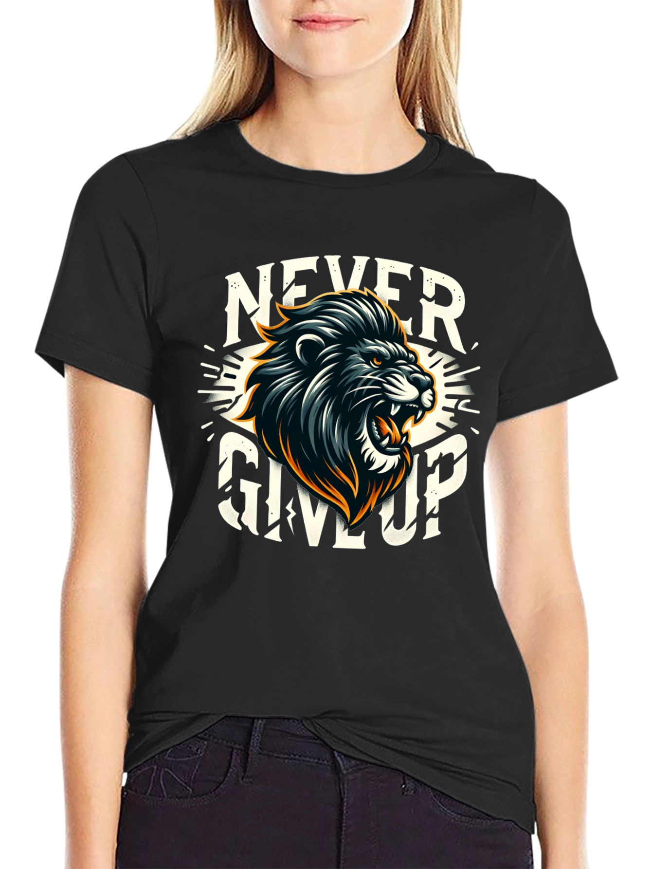 Never Give Up Lion Graphic T-Shirt