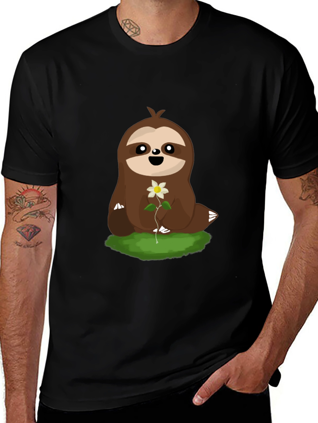 Cute Sloth with Flower Graphic T-Shirt - Black
