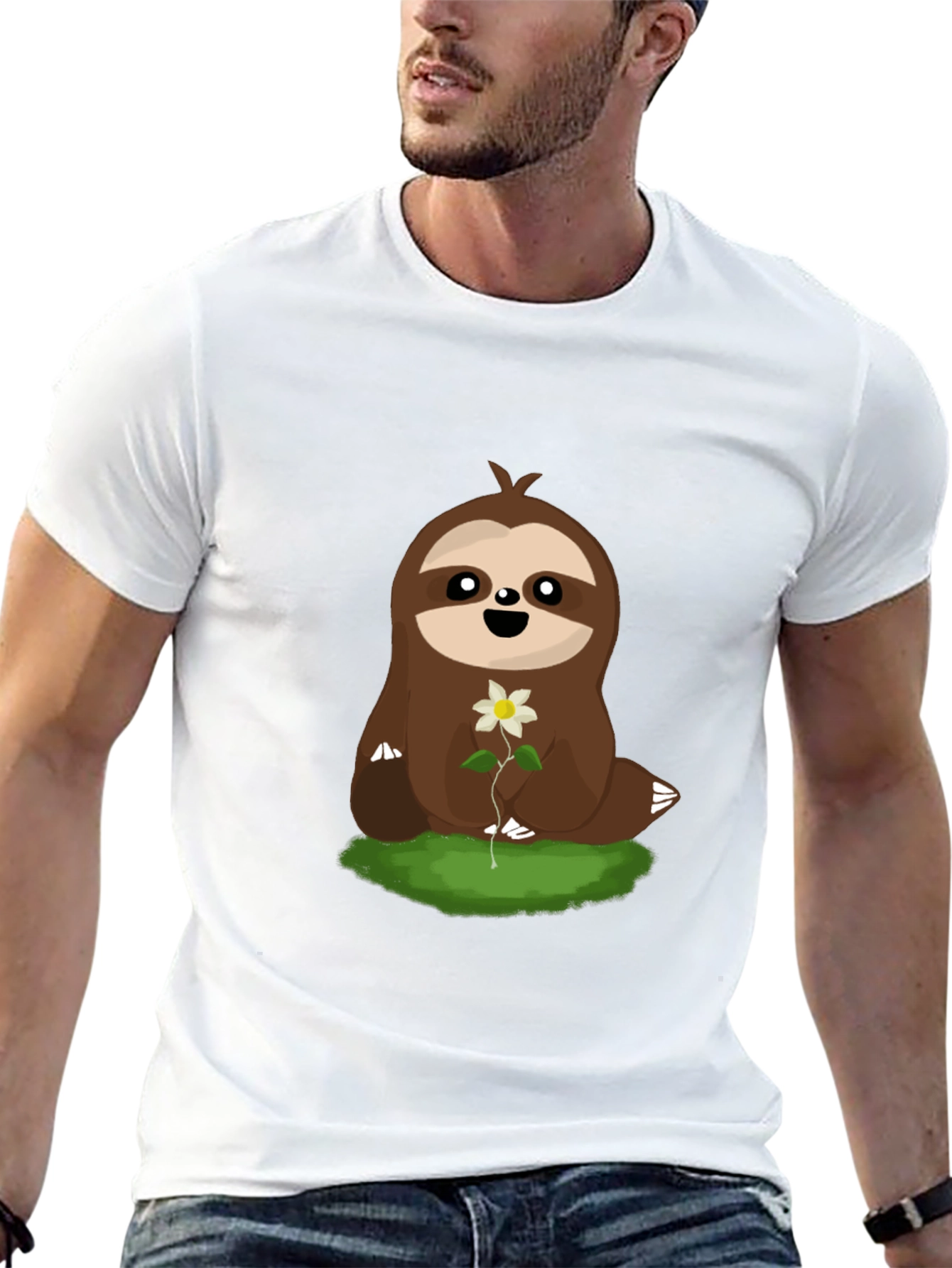 Cute Sloth with Flower Graphic T-Shirt - Black